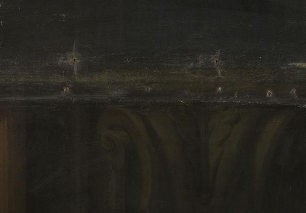 Charles Le Brun (French, 1619–1690) | Everhard Jabach (1618–1695) and His Family | 2014.250; Detail of upper right showing damage caused by tacks driven through original paint surface