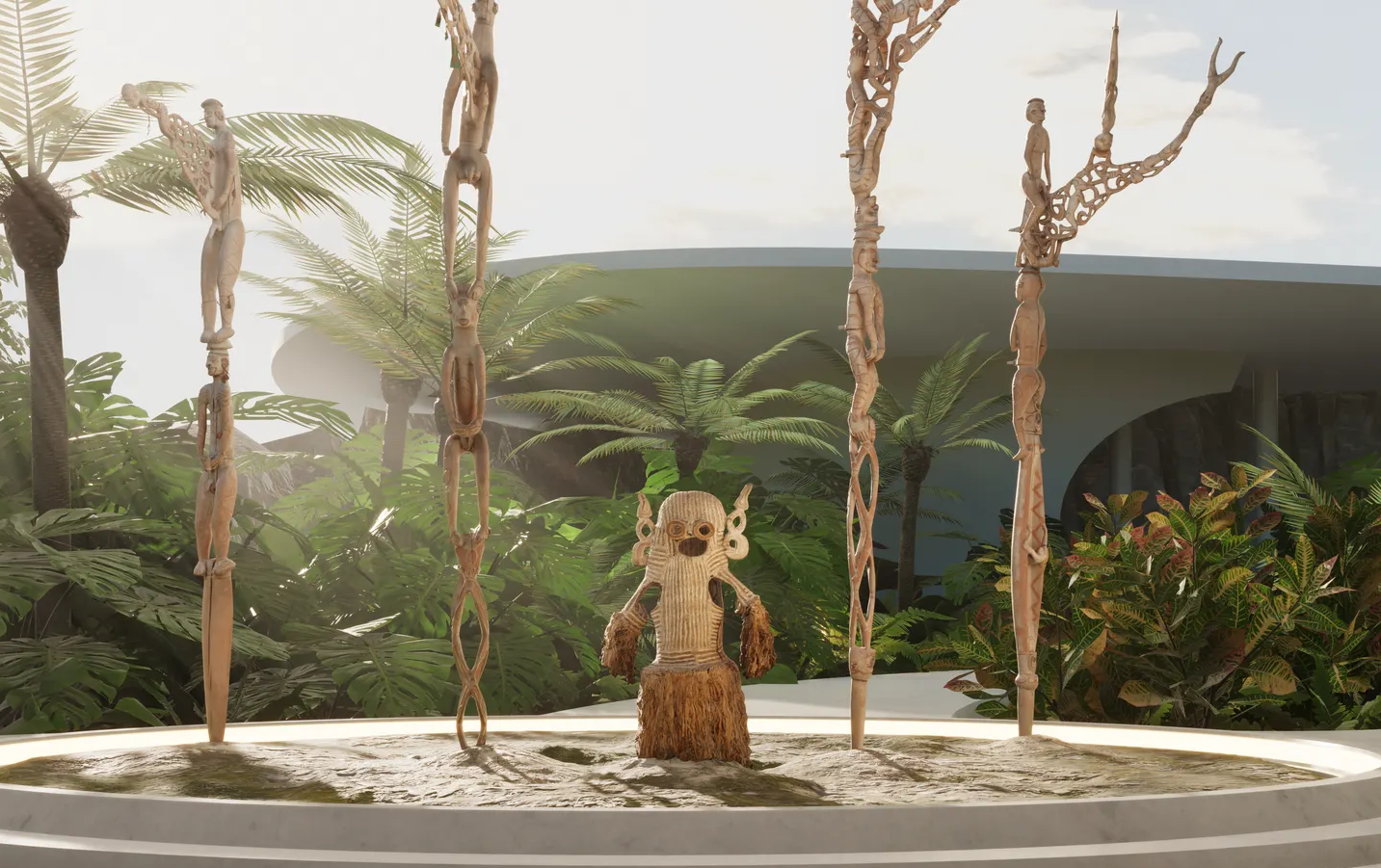 A series of tall carved poles and a woven suit situated in a sunlight foliage background