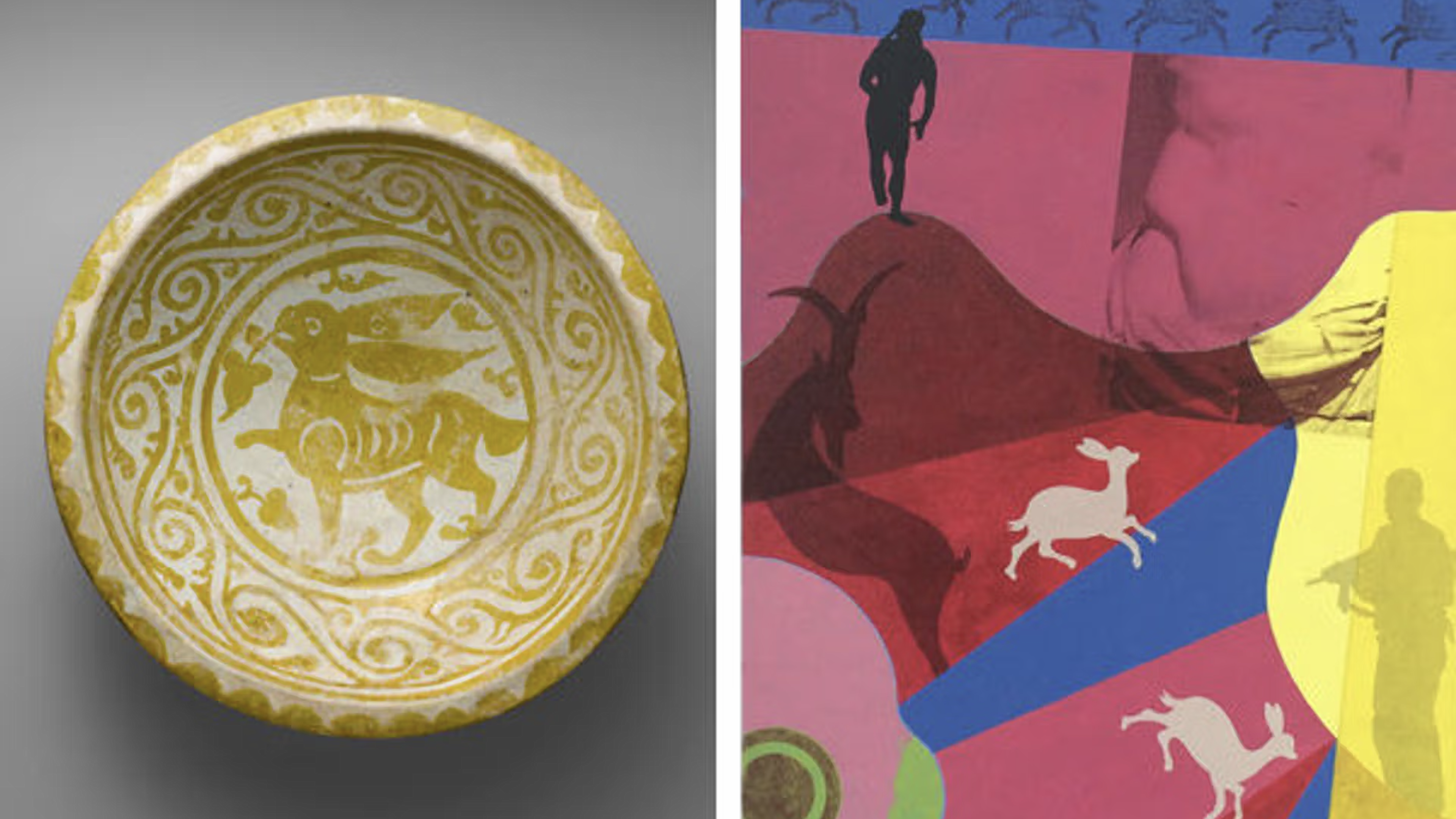 Left: A decorative ceramic plate featuring a lion-like creature in a circular pattern on a beige background, showcasing symbols in art. Right: A colorful abstract artwork with silhouettes of animals and figures against a geometric backdrop in red, blue, and yellow, communicating information through vibrant imagery.