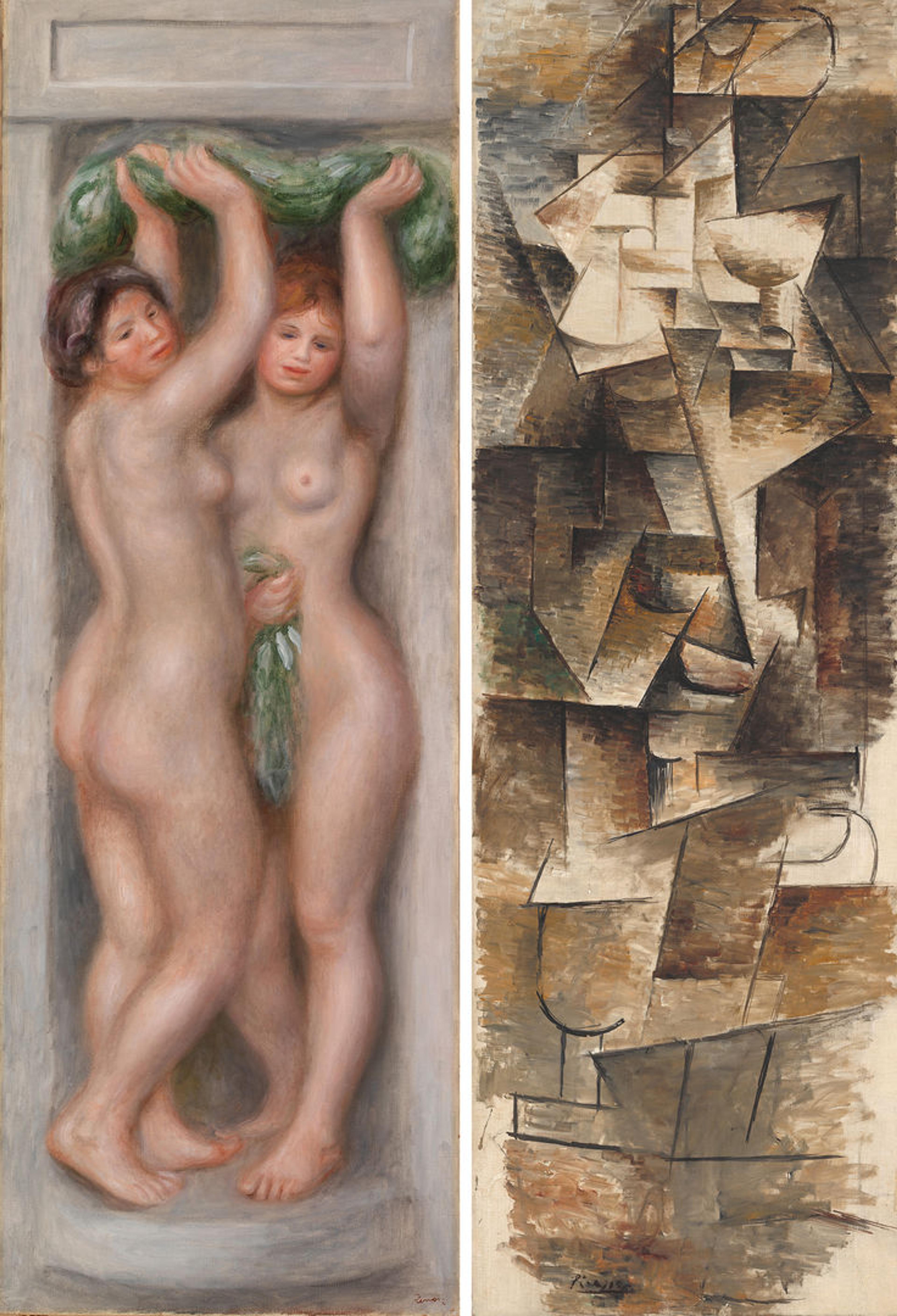 Image to the left: Two naked white women standing next to each other in a niche looking like they are holding up a great plant . Image to the right: abstract cubist image with a lot of whites, browns, and greys and lines everywhere.
