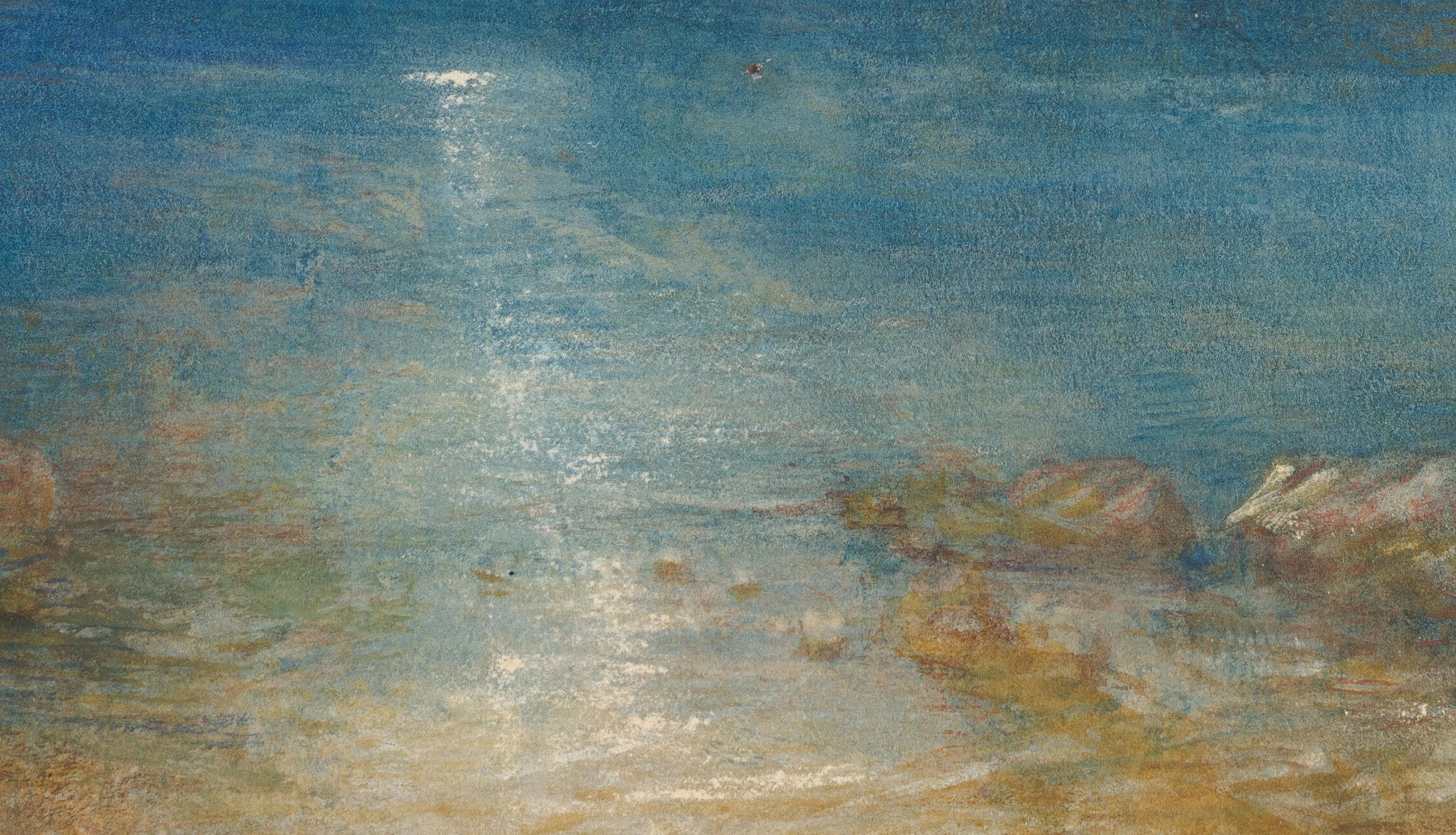 A detail image of the blue, shimmering surface of a lake made with watercolor.