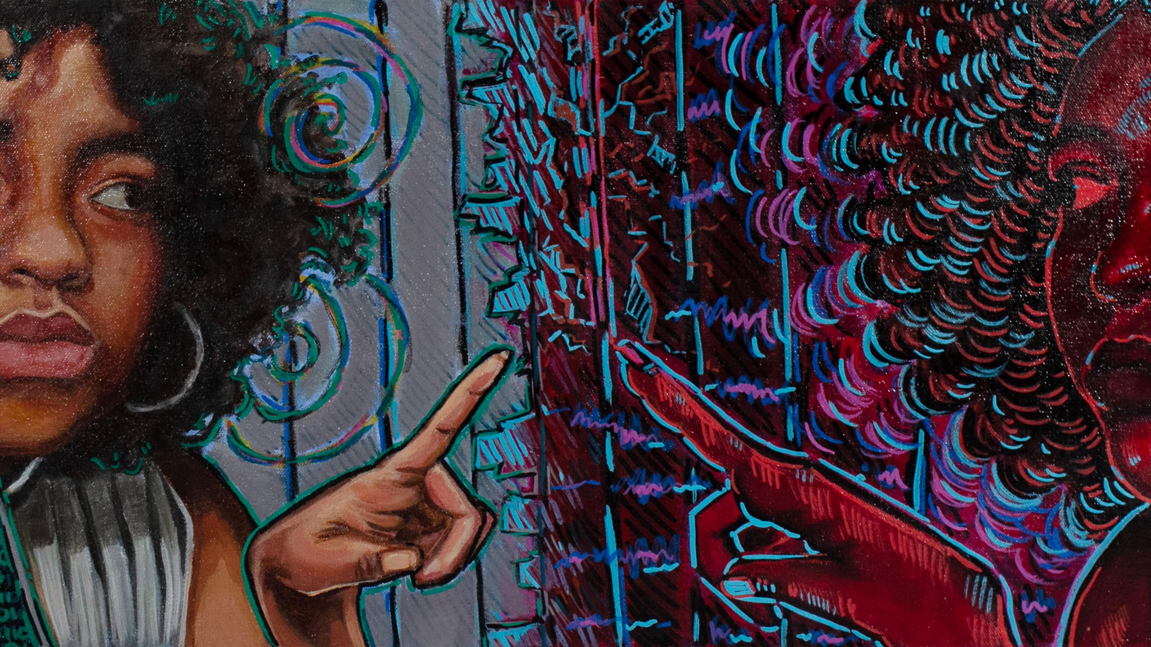 Painting of young black girls pointing at a creative figure of herself.