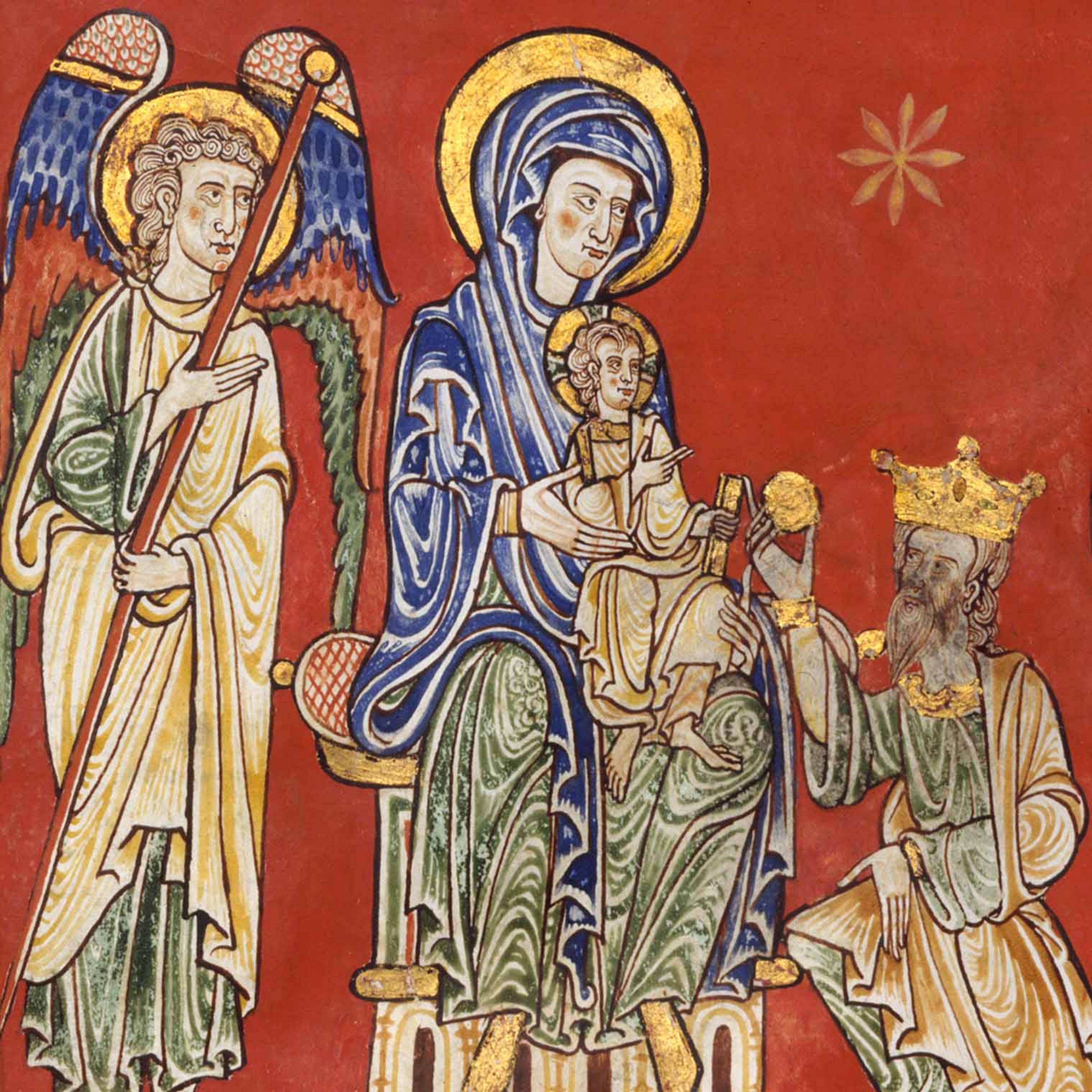Illustration of the magi presenting gifts to Mary and Jesus from an Austrian manuscript