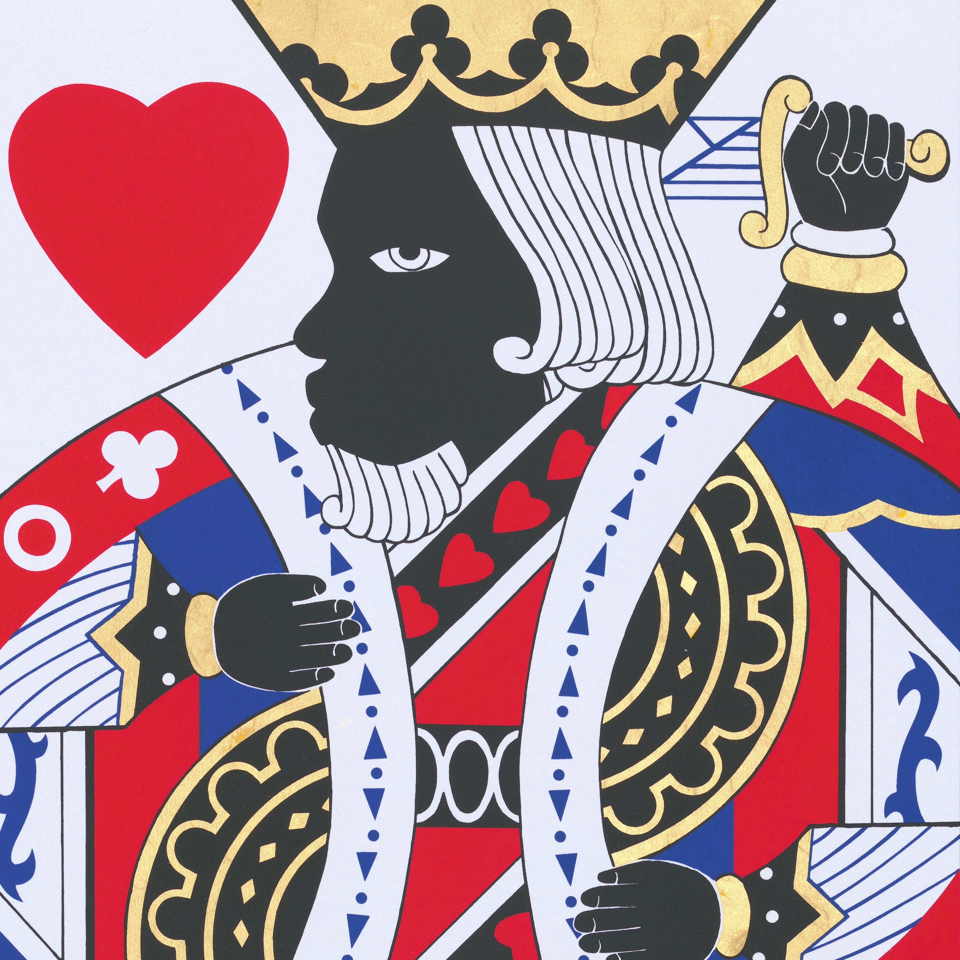 Detail of a contemporary screenprint depicting the King of Hearts from a deck of cards.