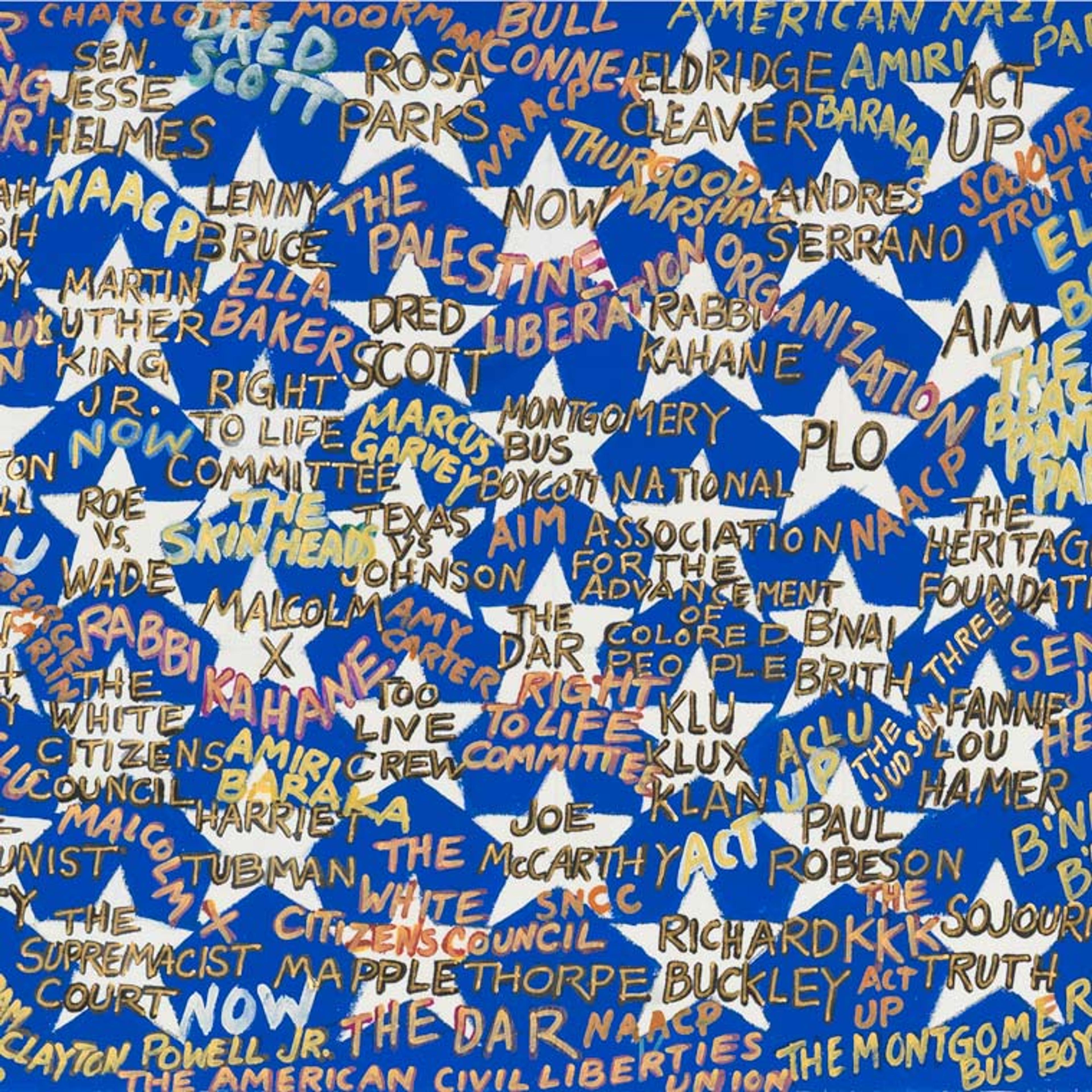 Detail of Faith Ringgold's artwork Freedom of Speech showing the blue section of a painting of the American flag with names written over the white stars