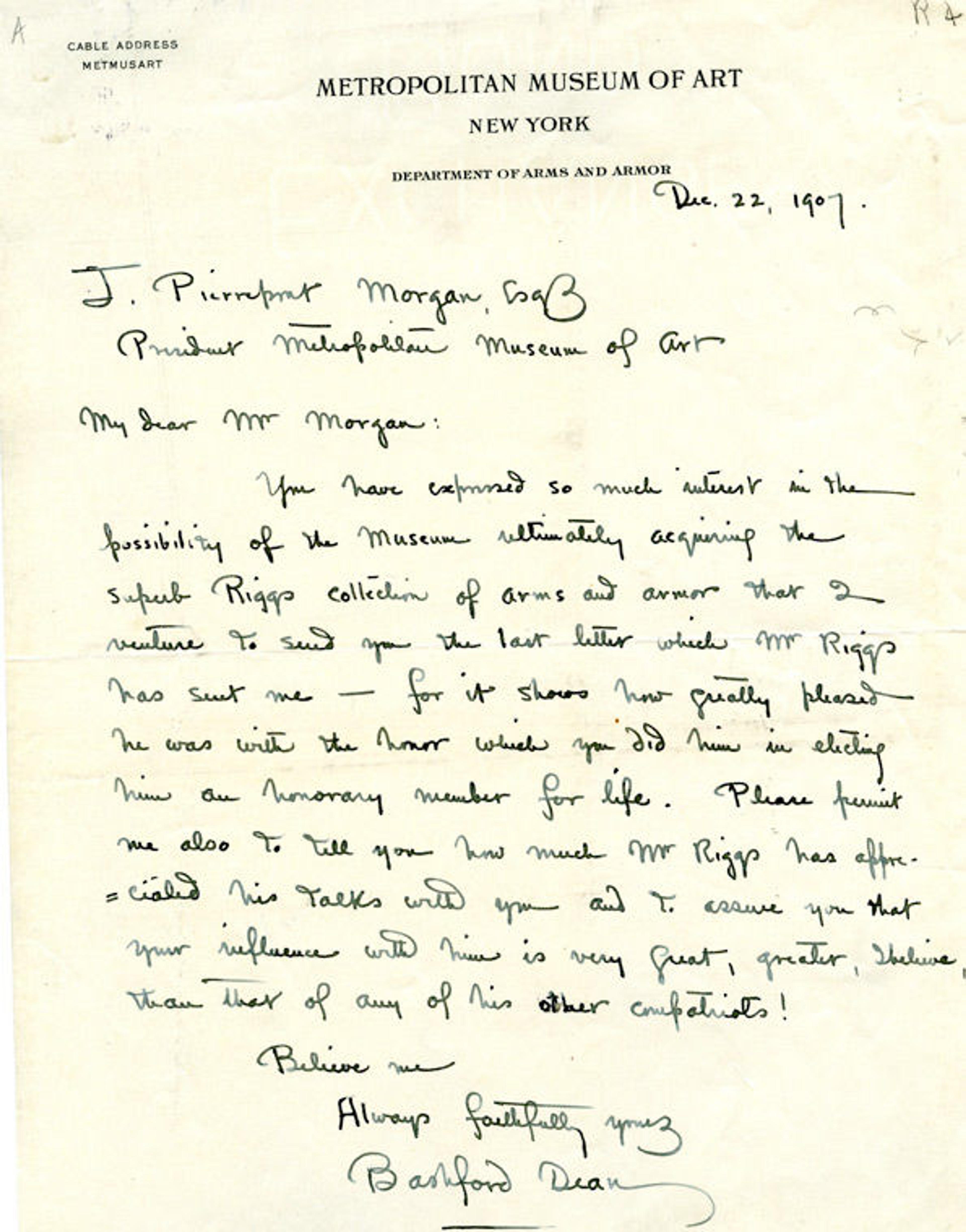 Letter from Bashford Dean to Museum President J. P. Morgan