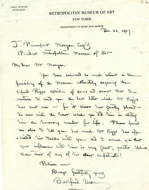 Letter from Bashford Dean to Museum President J. P. Morgan