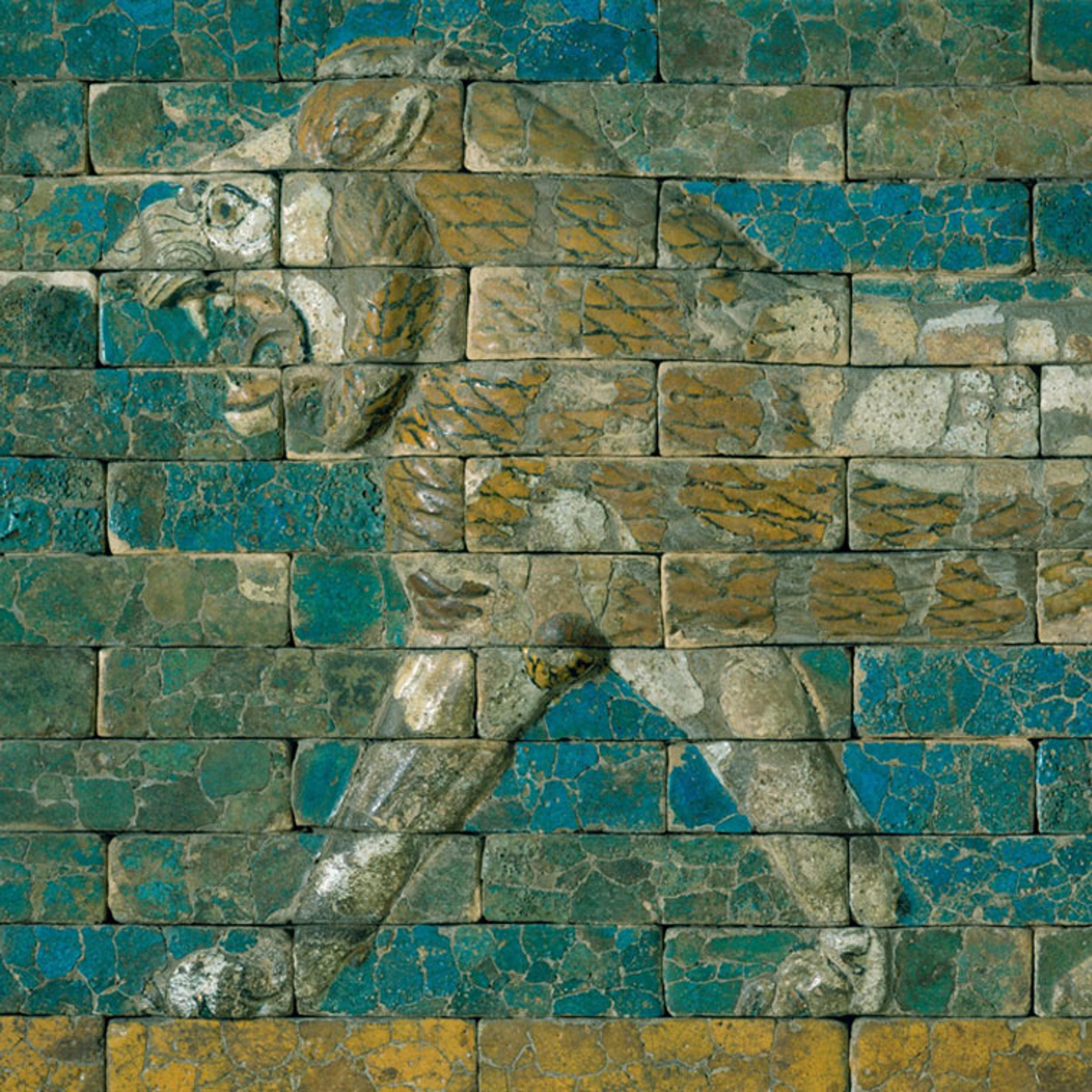 Detail view of a Neo-Babylonian ceramic panel depicting a lion
