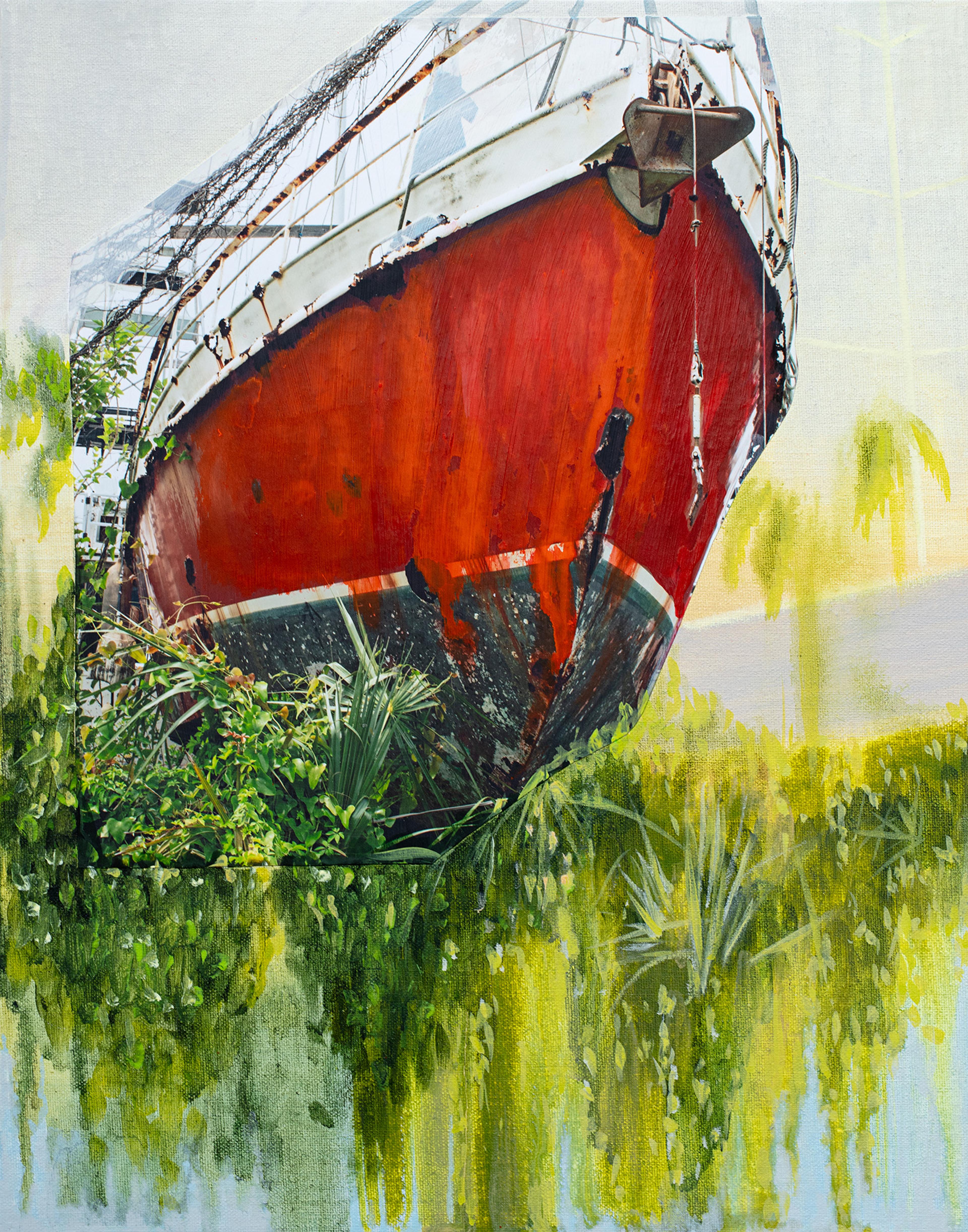 Painting of red boat settled on green grass