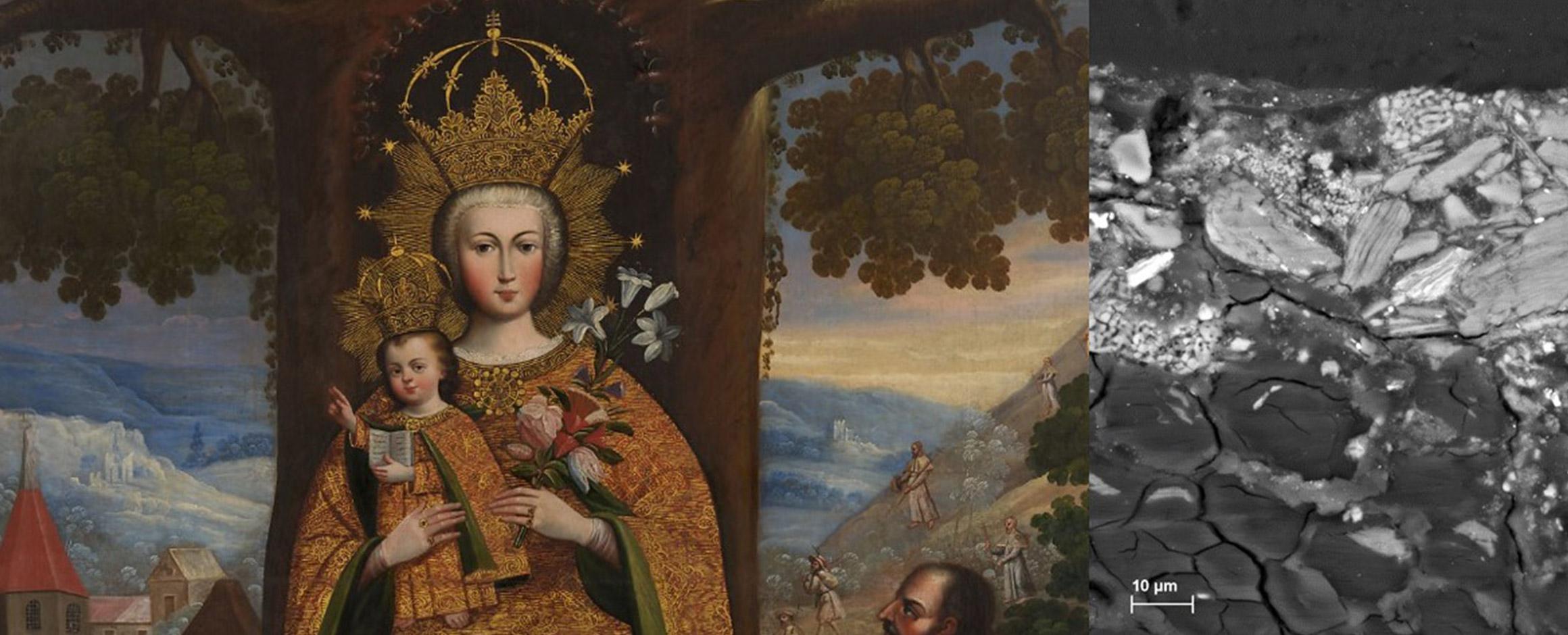 Two images side by side. At left, a close-up of a large 18th-century Cuzco School painting depicting the Virgin of Valvanera. At right, a magnified paint sample shows the different pigments and particles