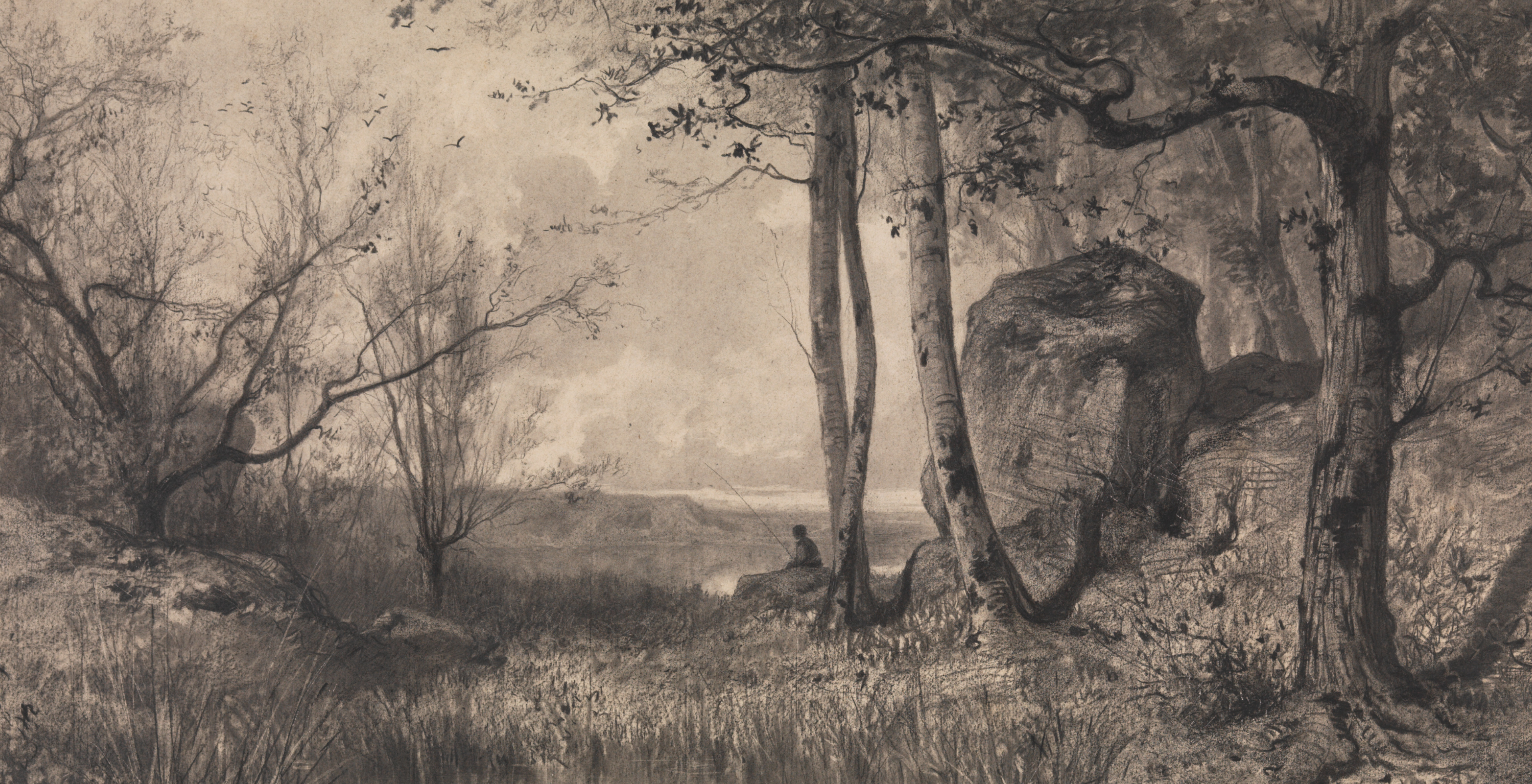 Dark grey and sepia drawing of a landscape with trees, rocks, and a lake in the foreground. A figure sits on the rock in the center of the composition, facing away and looking at the landscape.