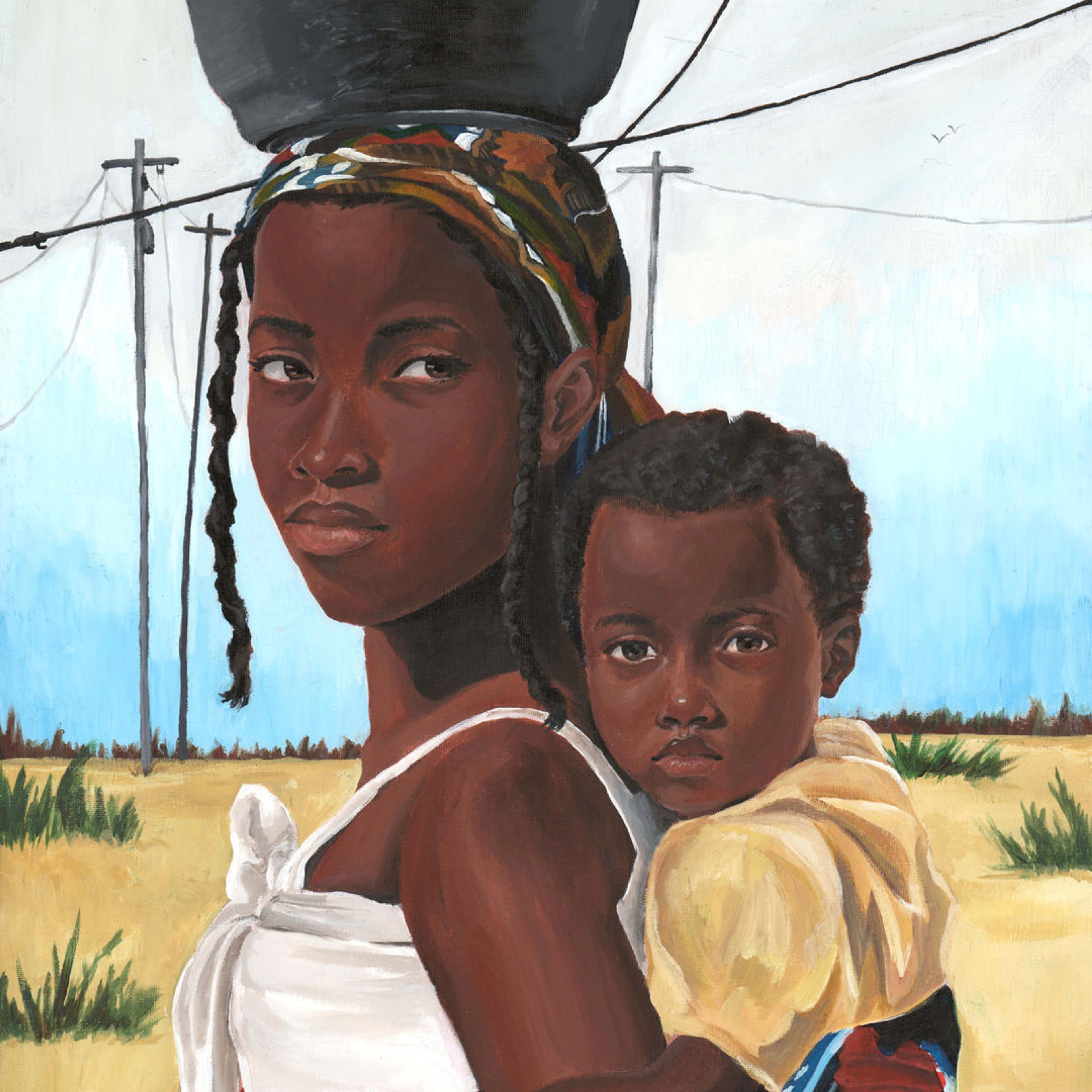 Painting of a young woman with a baby on her back looking into the distance.