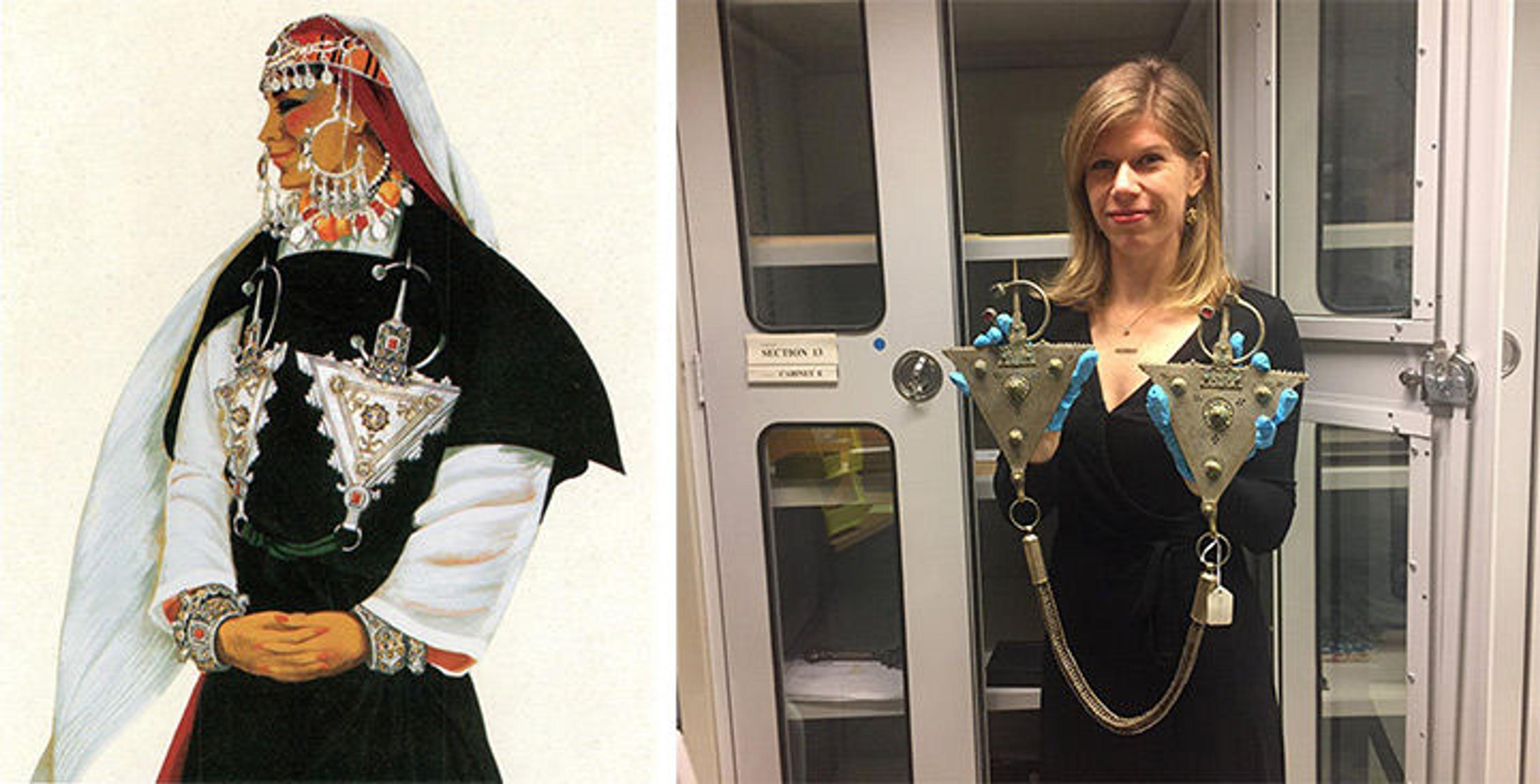 Left: Painting of dancer wearing two huge triangular fibulae. Right: The author holding similar huge fibulae