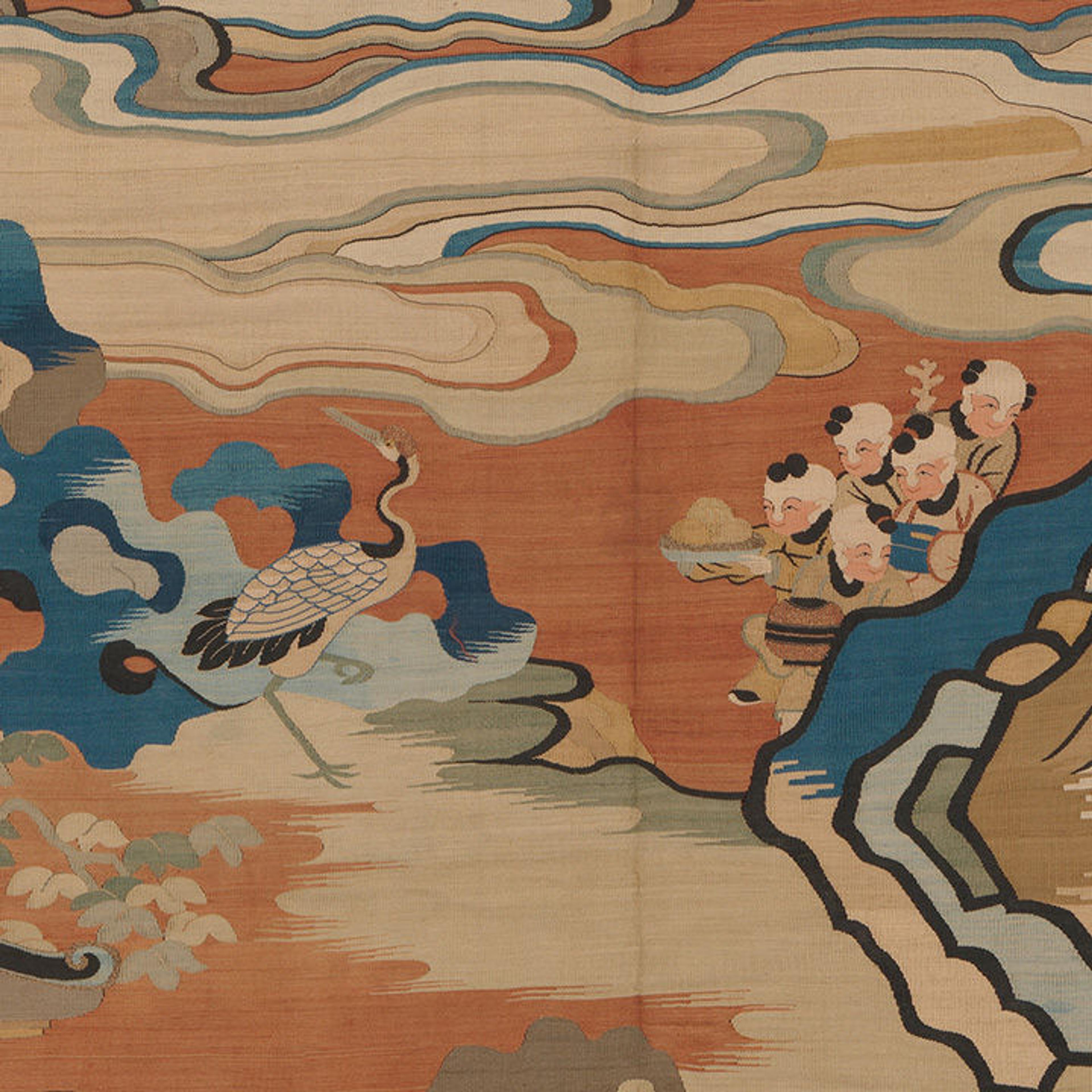 Detail with peacock and a group of small boys carrying food