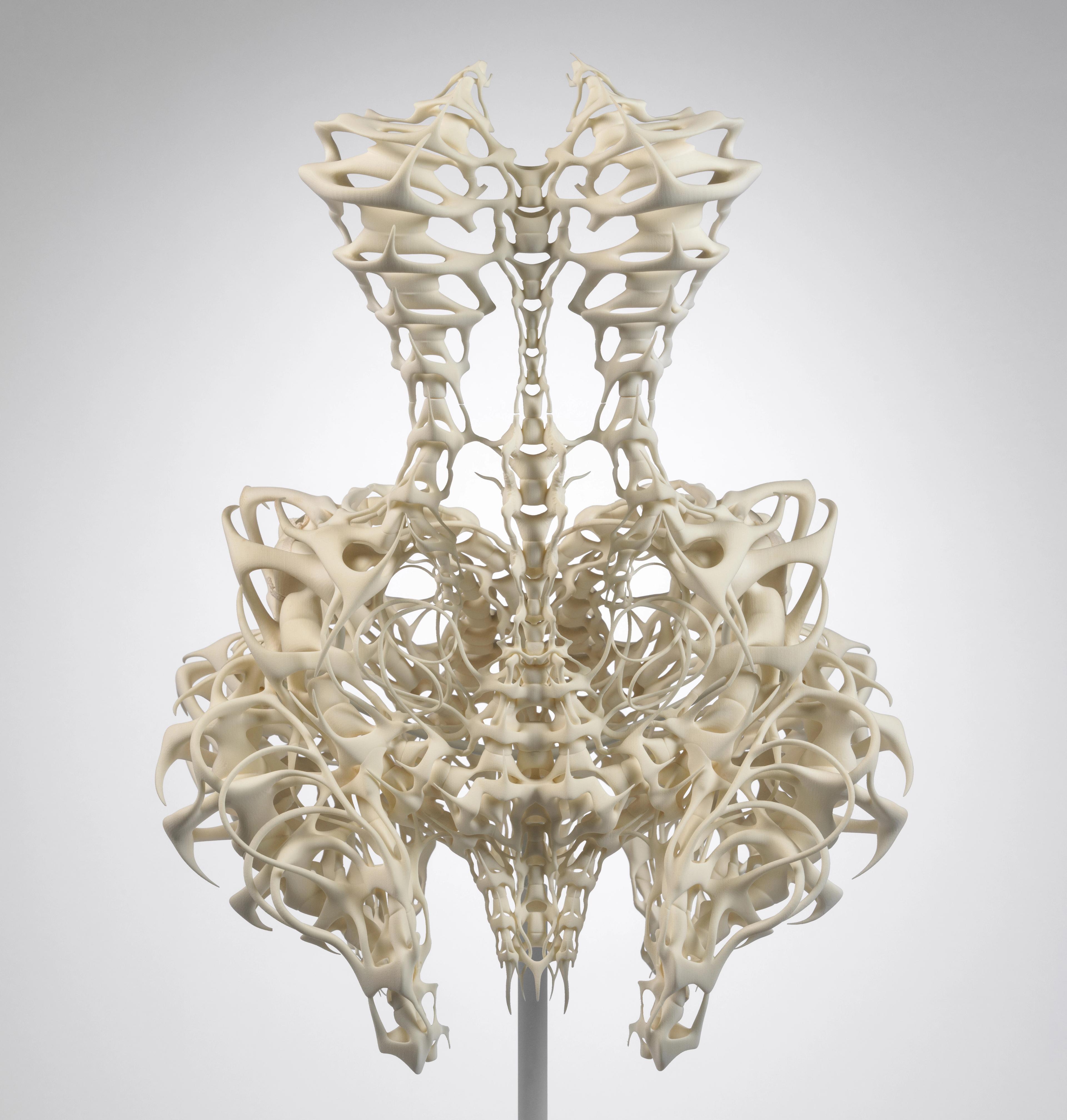 3-D printed dress made to look comprised of human bones