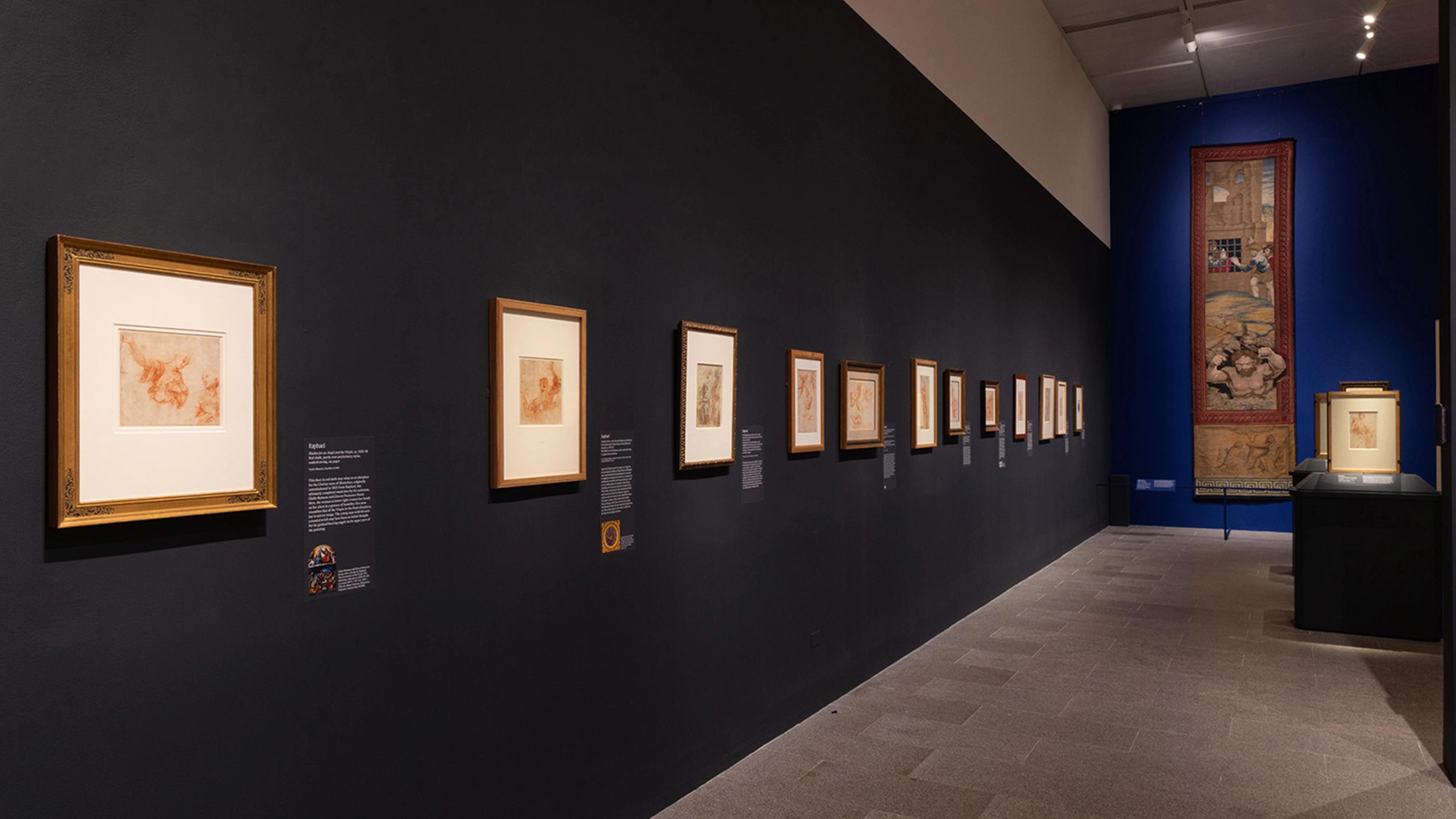 Dimly lit art gallery with dark walls displays framed sketches in a row. A vertical tapestry hangs in the background