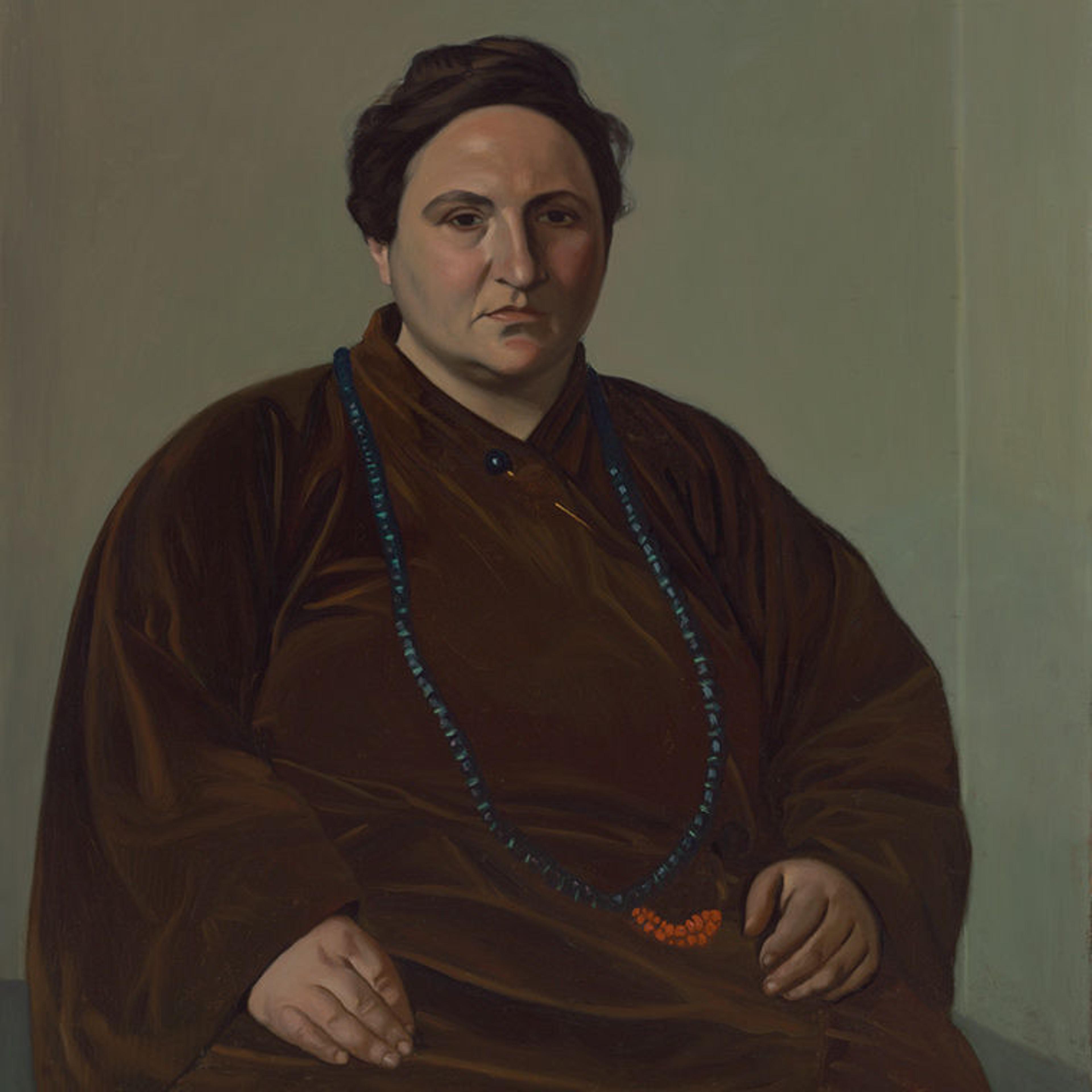 A realistic portrait of Gertrude Stein, a large woman seated with her hands in her lap, wearing a brown dress and a pin