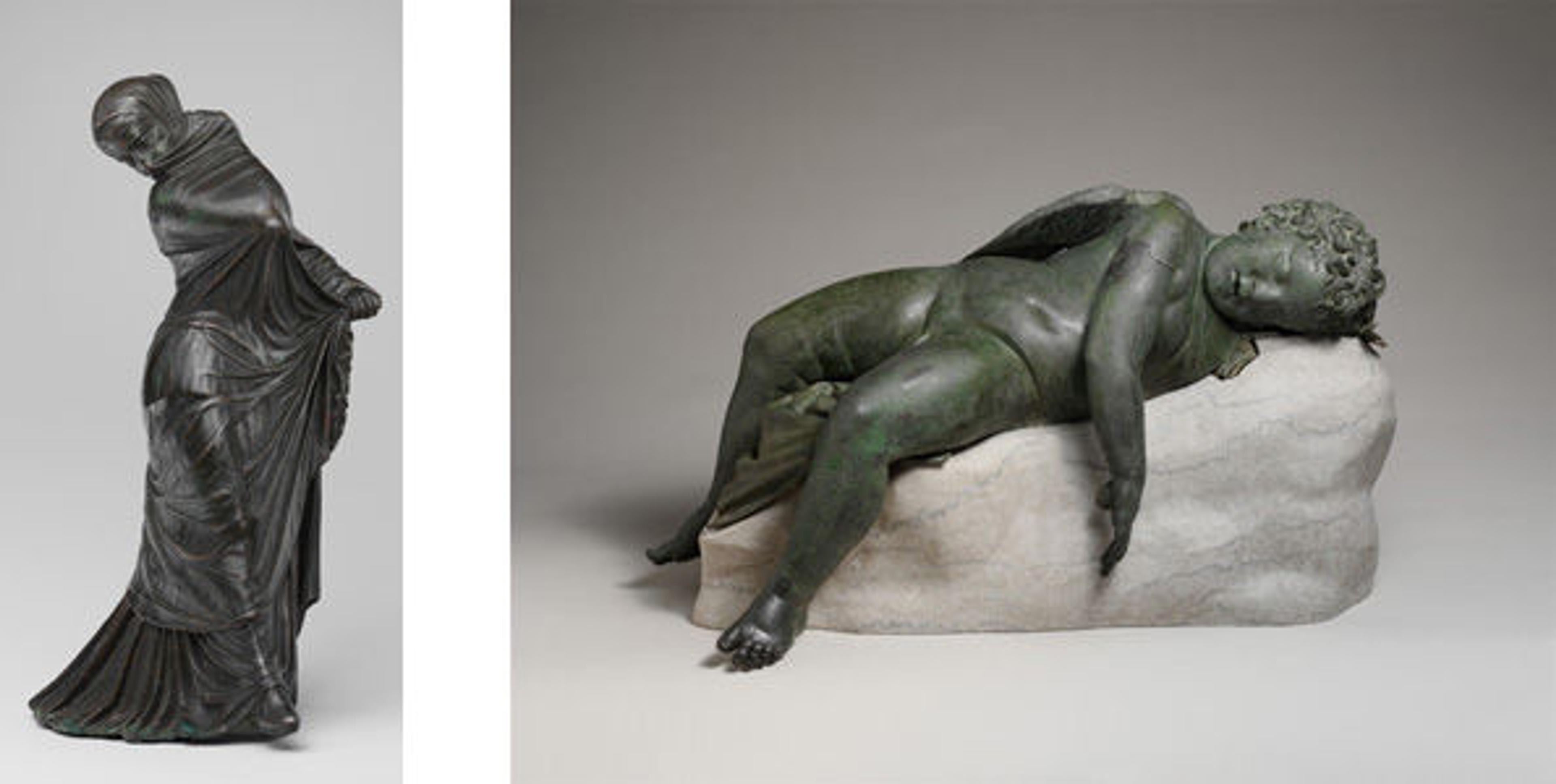 Left: Statuette of a Veiled and Masked Dancer, Greek; Right: Statue of Eros Sleeping, Greek