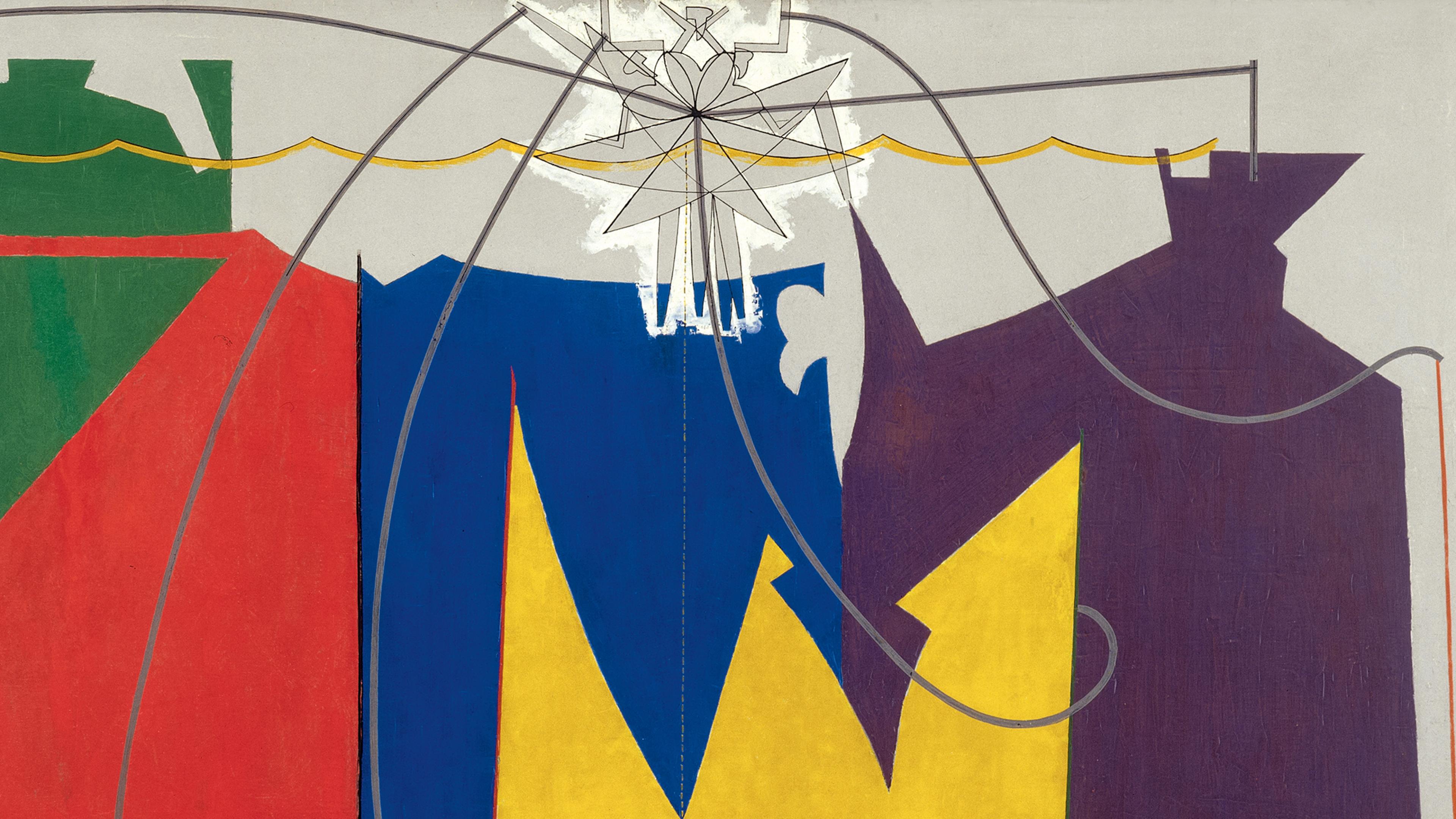 Abstract painting of bold red, blue, yellow, green, and purple geometric shapes overlaid with curved lines and a central star-like form outlined in white.