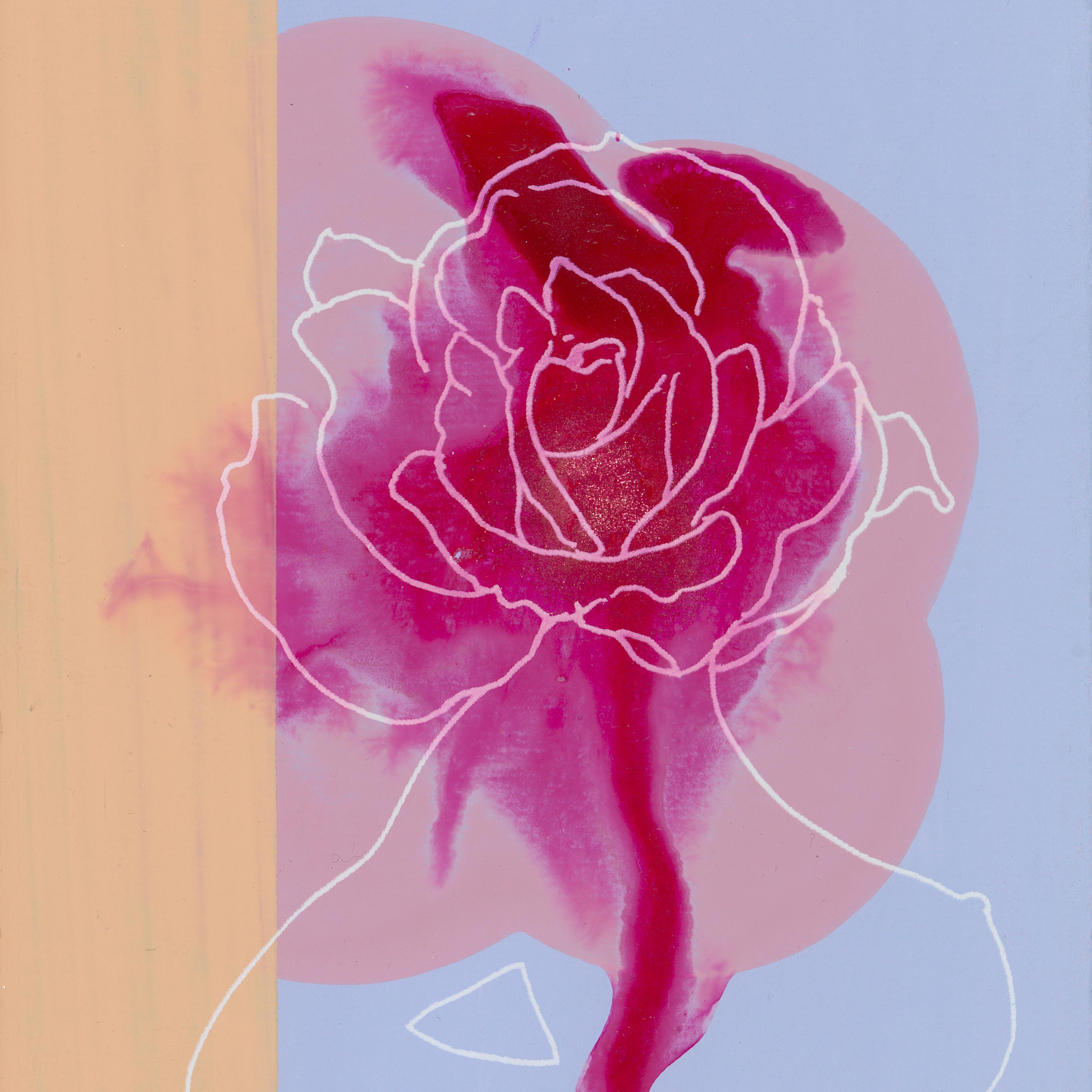 White-line tracing showing the torso of a nude woman with a rose in place of her head, against a pink watercolor background.