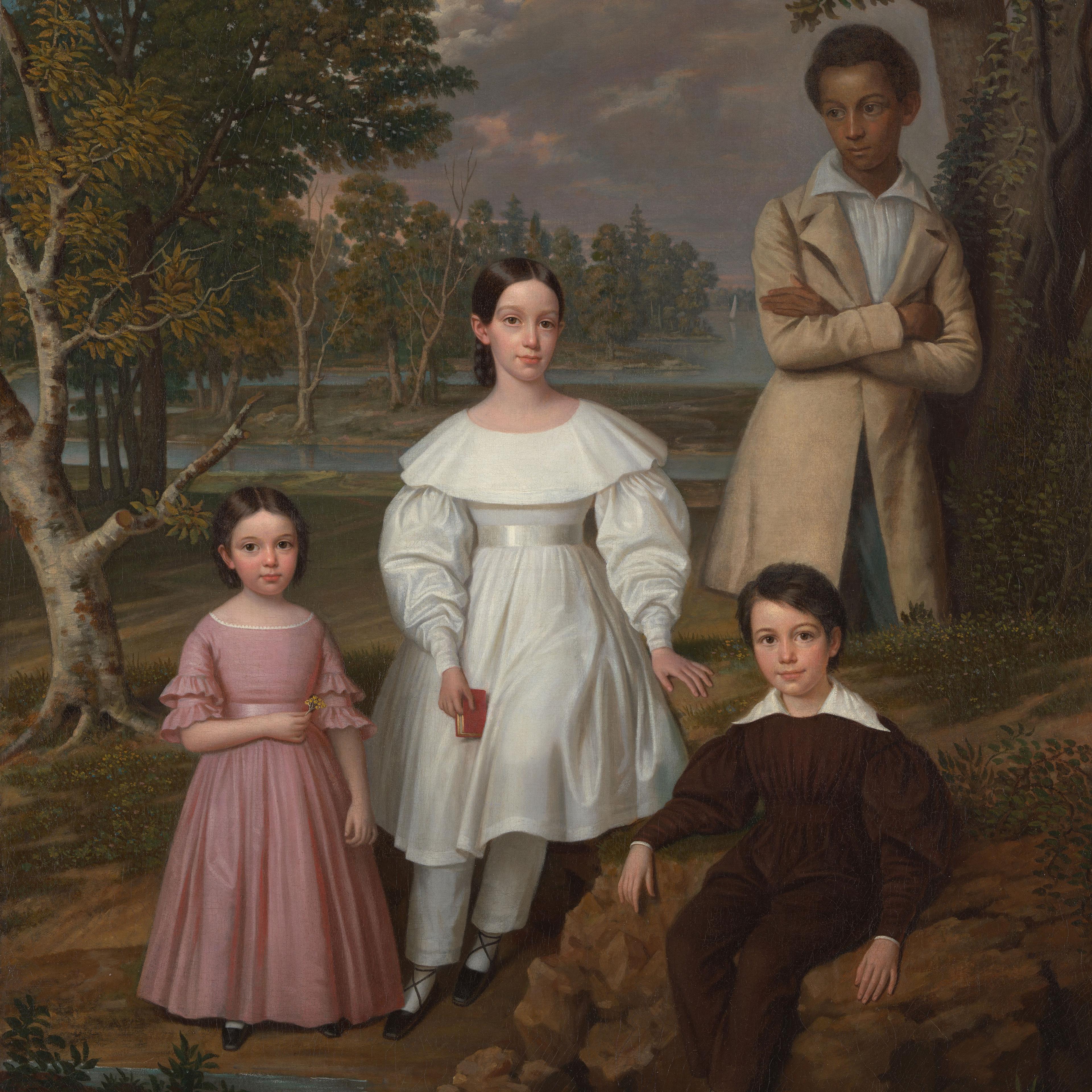 Portrait of a Black teenage boy and three white children positioned against a Louisiana landscape.
