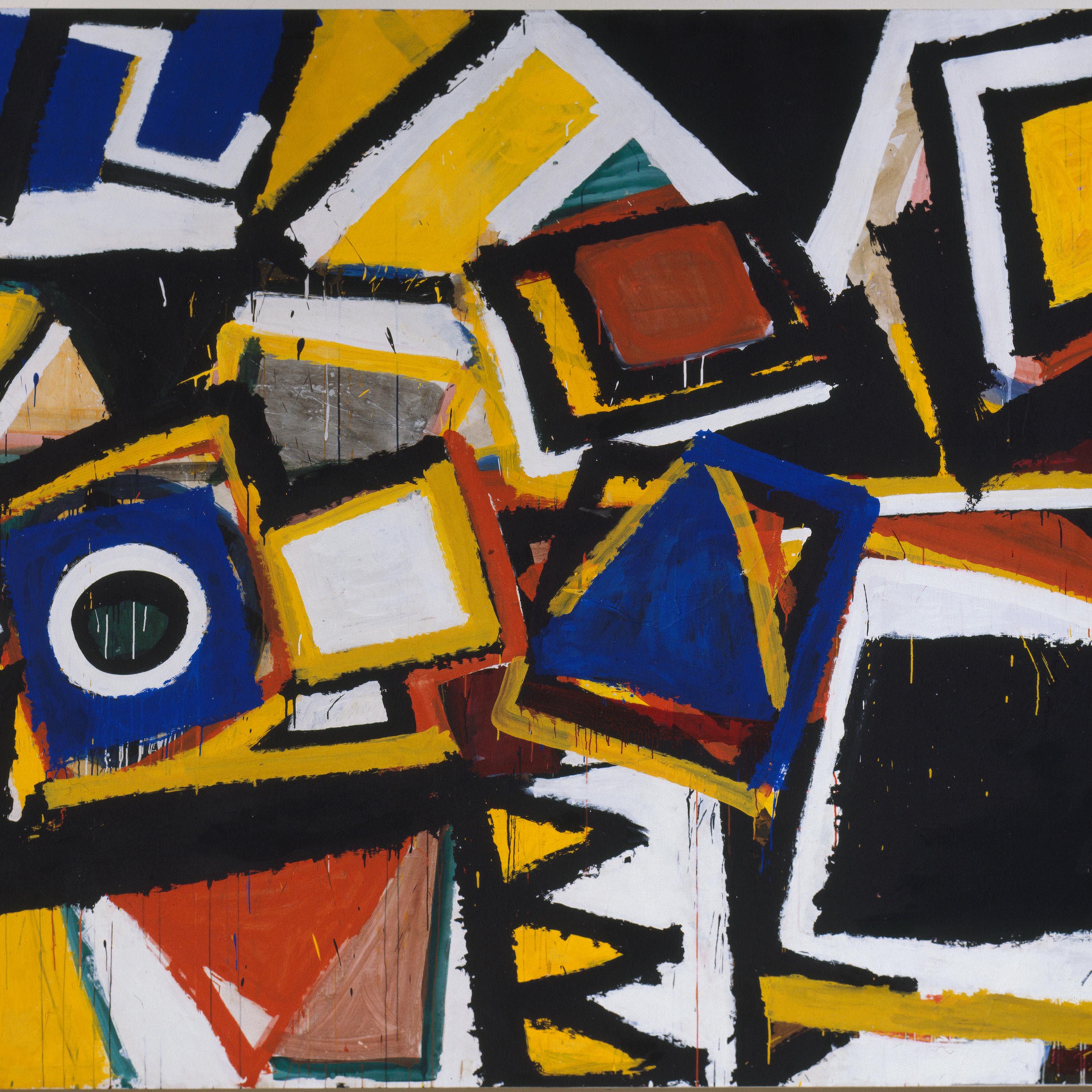 Painting of overlapping blue, yellow, white, black and earth red geometric shapes