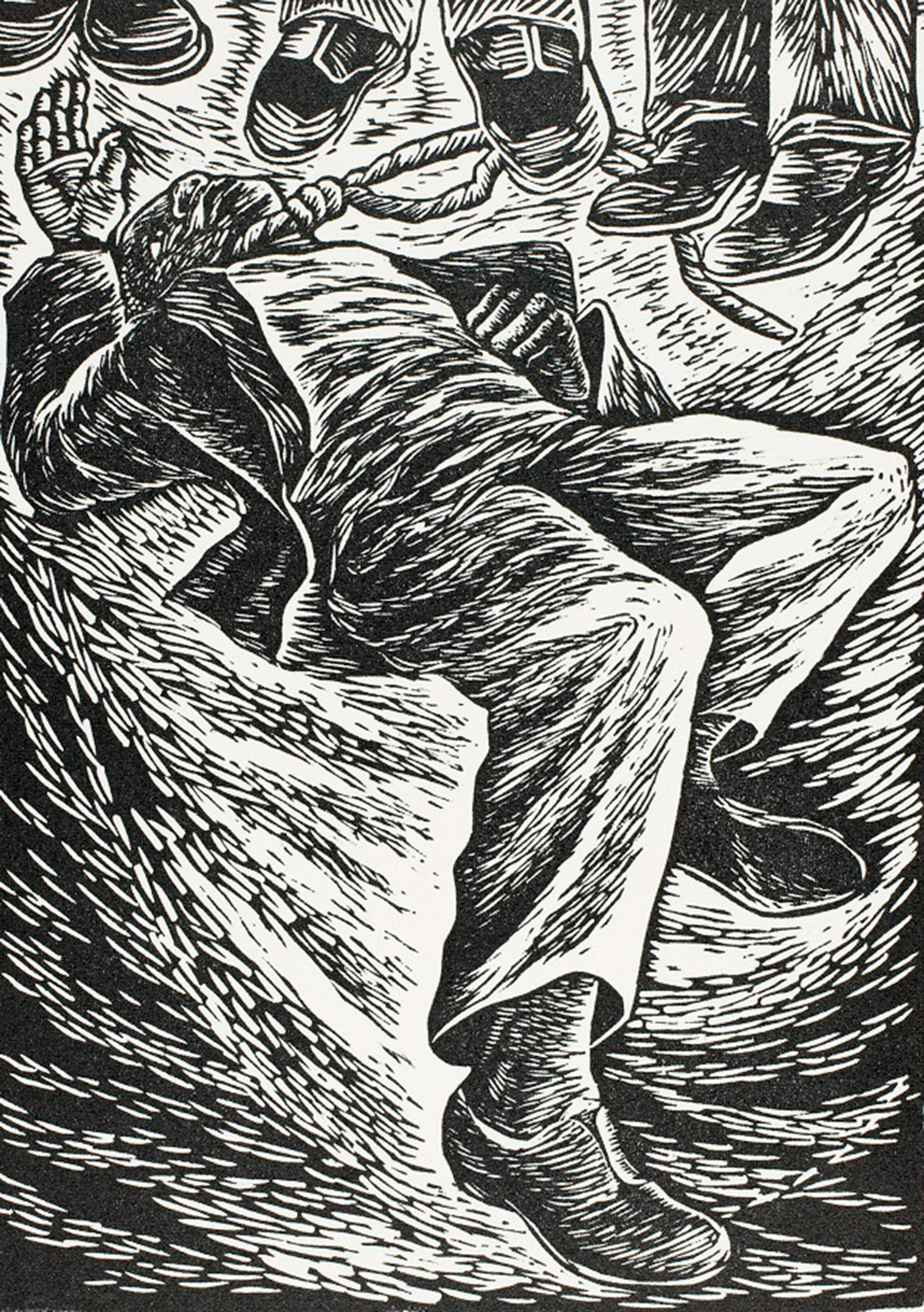 Black and white illustration of a man lying on the ground, wearing a suit, surrounded by people's feet.
