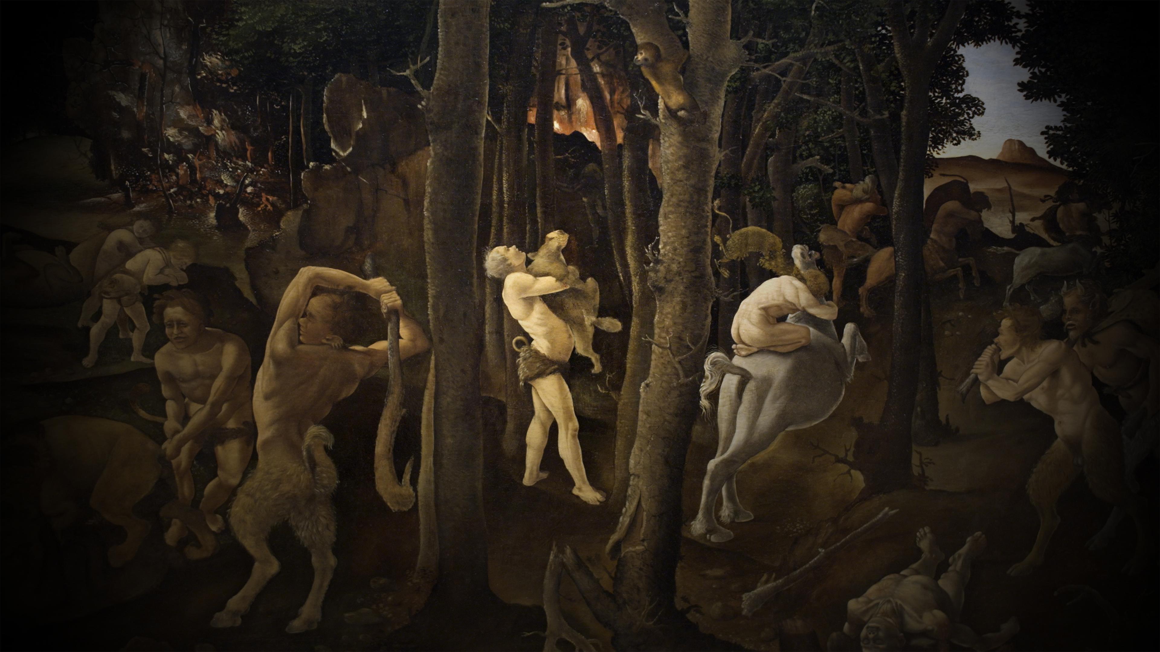 Wood scene showing a commotion of figures and animals in distress