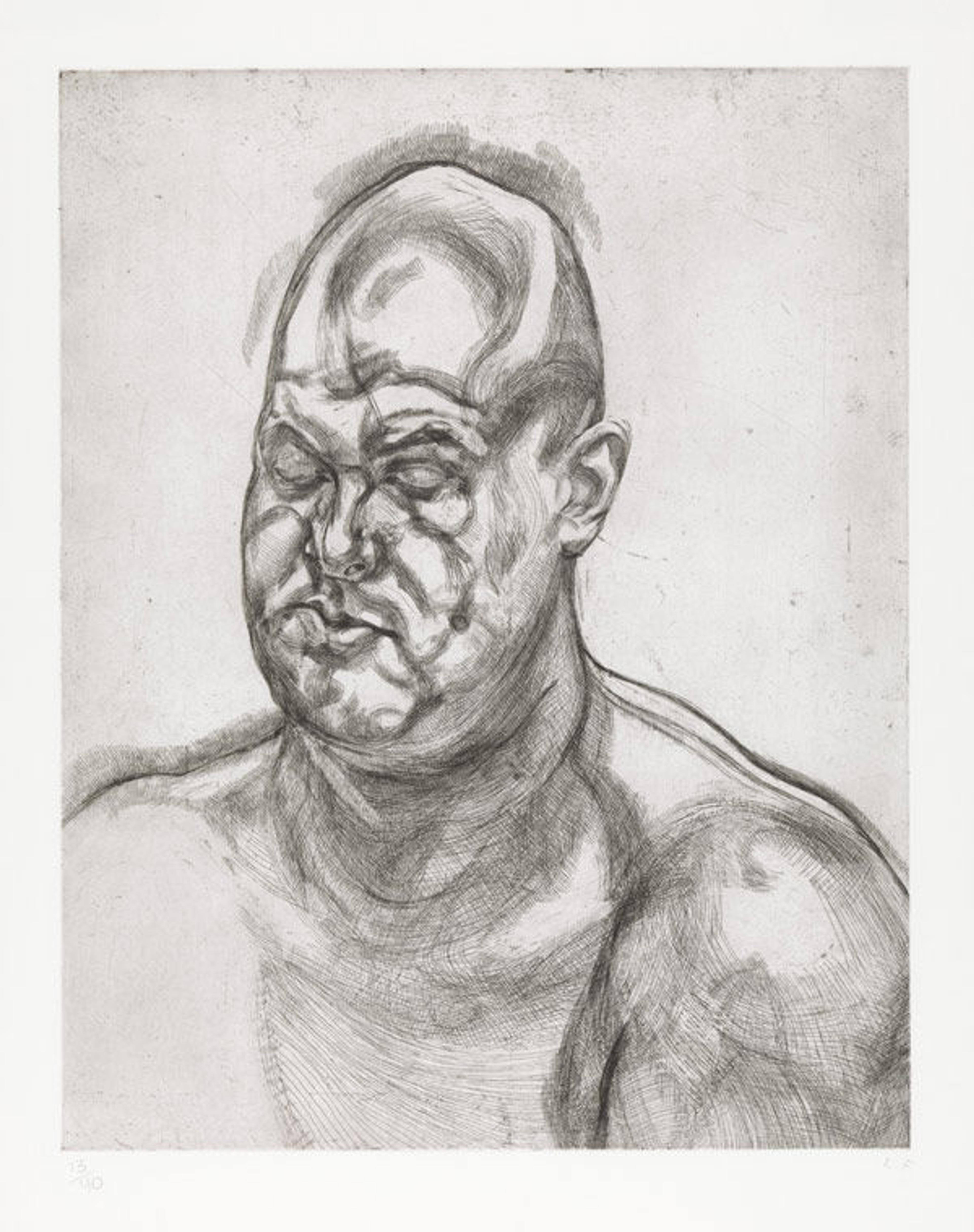 Lucian Freud, (British [born Germany], 1922–2011). Large Head, 1993. Etching; plate: 27 5/16 x 21 5/16 in. (69.4 x 54.1 cm), Sheet: 32 ½ x 26 1/8 in. (82.6 x 66.4 cm. The Metropolitan Museum of Art, New York, Bequest of William S. Lieberman (2005, 2007.49.588)