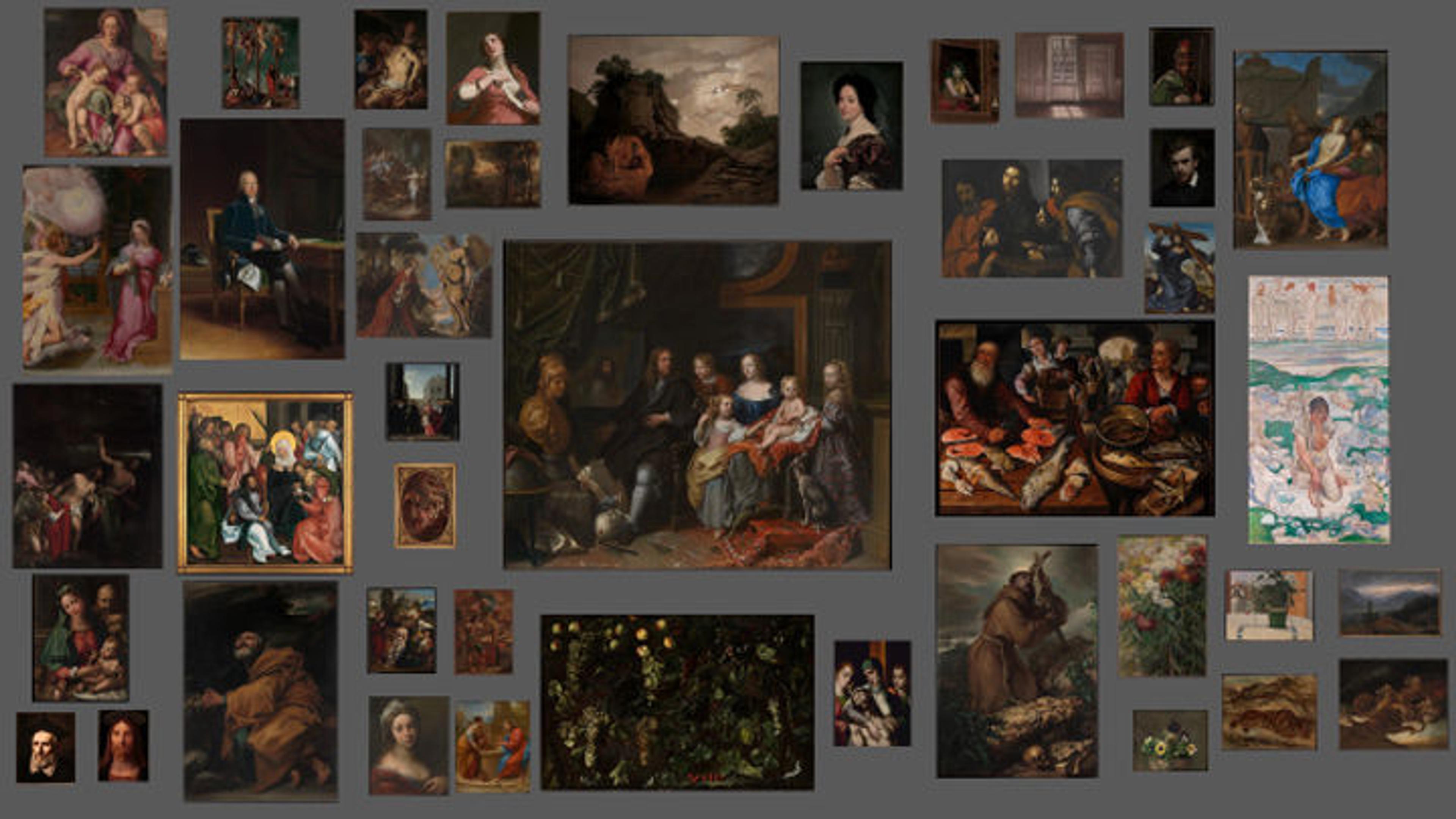 An image showing 42 of the European paintings acquired by The Met over the past five years