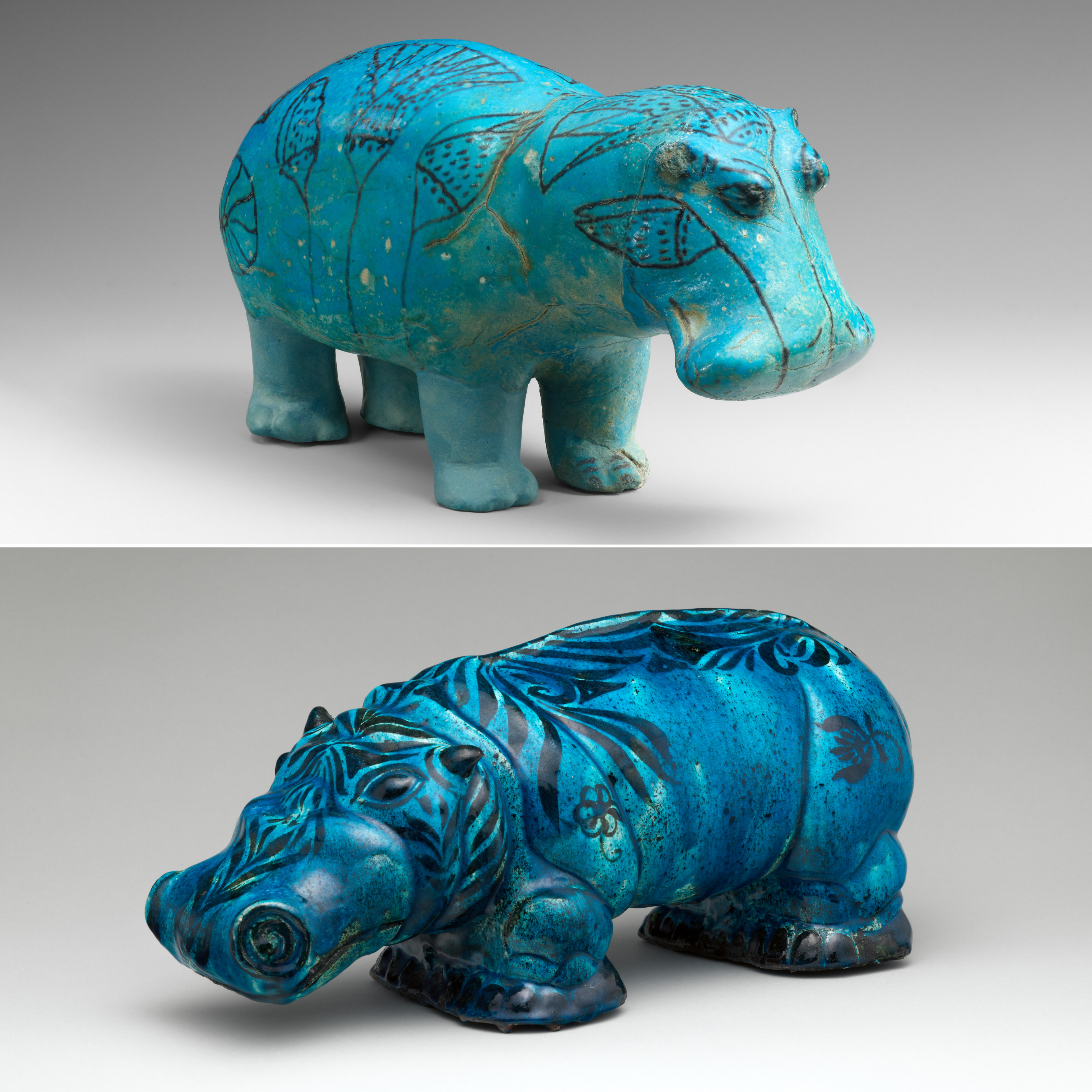 A comparison of two small blue hippo sculptures with with intricate floral designs over the heads and bodies displayed against a neutral background.