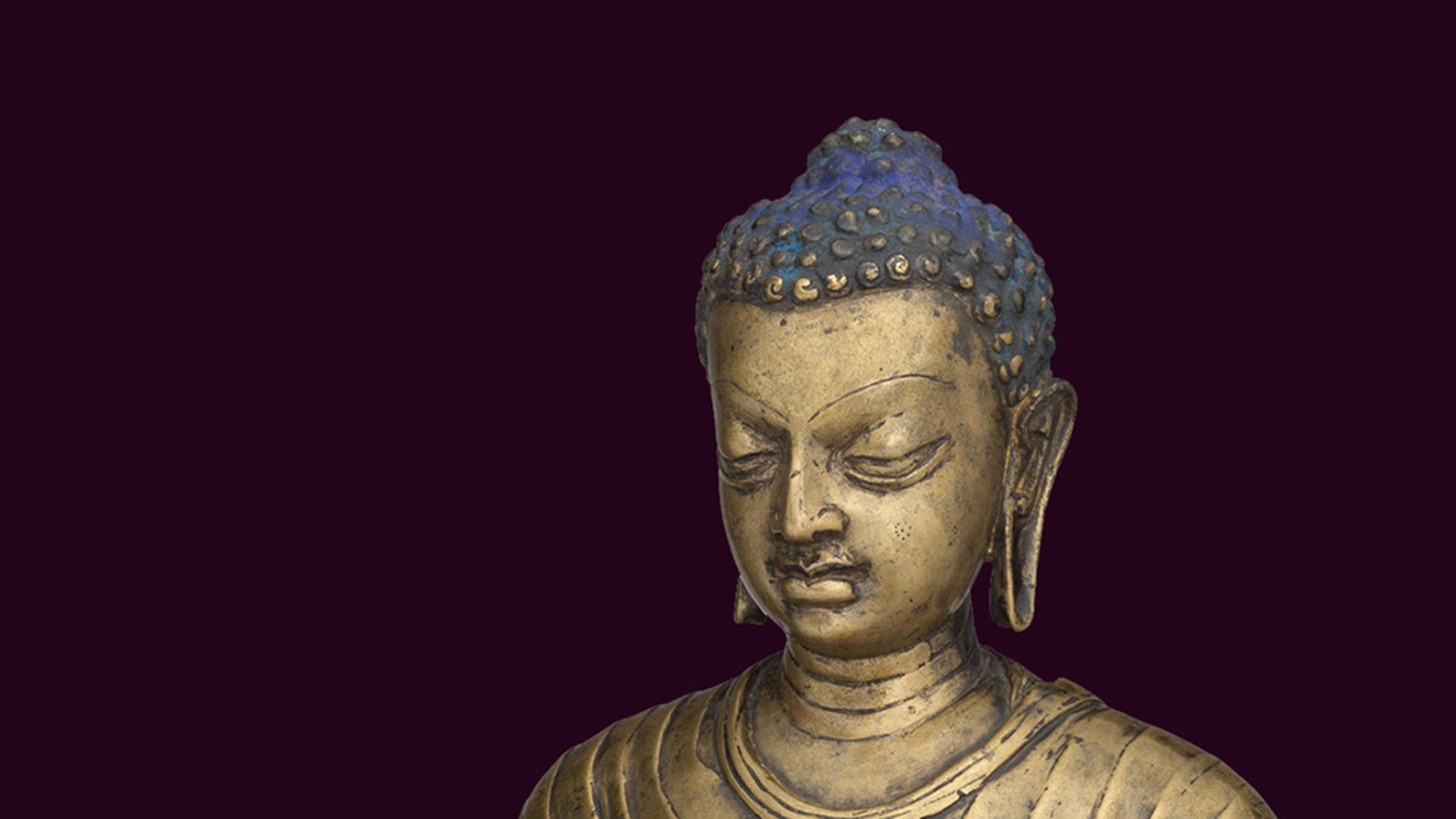 A golden statue of a Buddha against a dark violet background