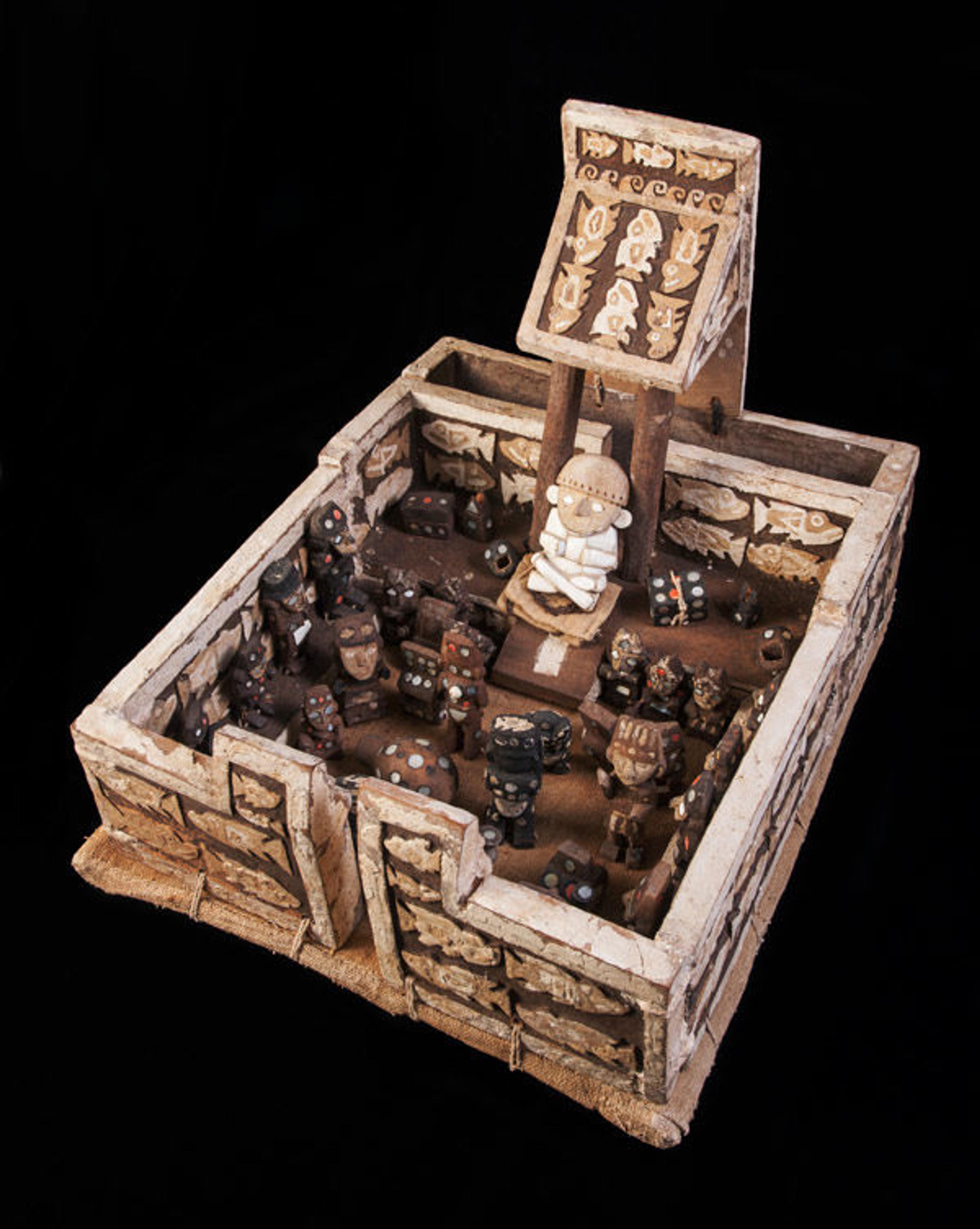 Palace Model with Figures, 1440–1665.Peru. Chimú. Wood, cotton, and shell; L. 19 1/8 in (48.5 cm), W. 15 15/16 in (40.5 cm), H. 14 3/8 in (36.5 cm). Museo Huacas de Moche, Trujillo, Peru, Ministerio de Cultura - Peru