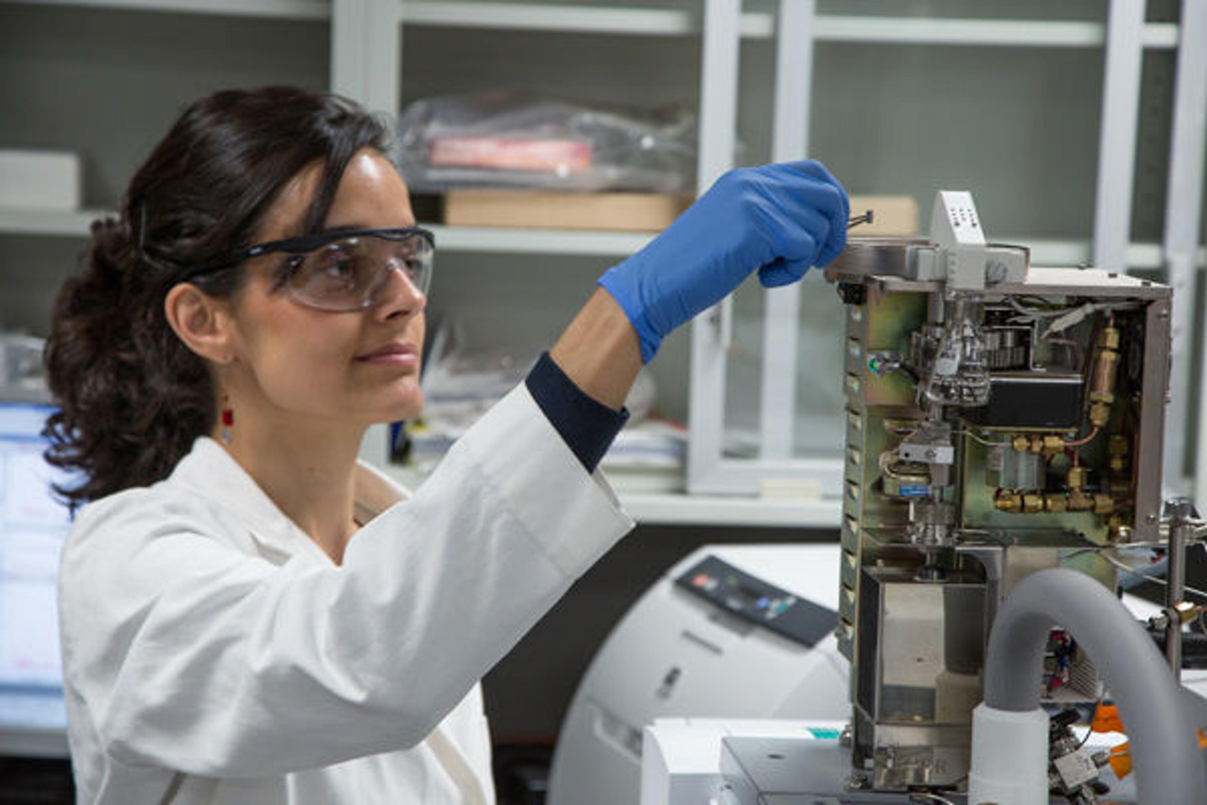 Federica Pozzi loads a paint specimen into the GC/MS autosampler for binding media analysis
