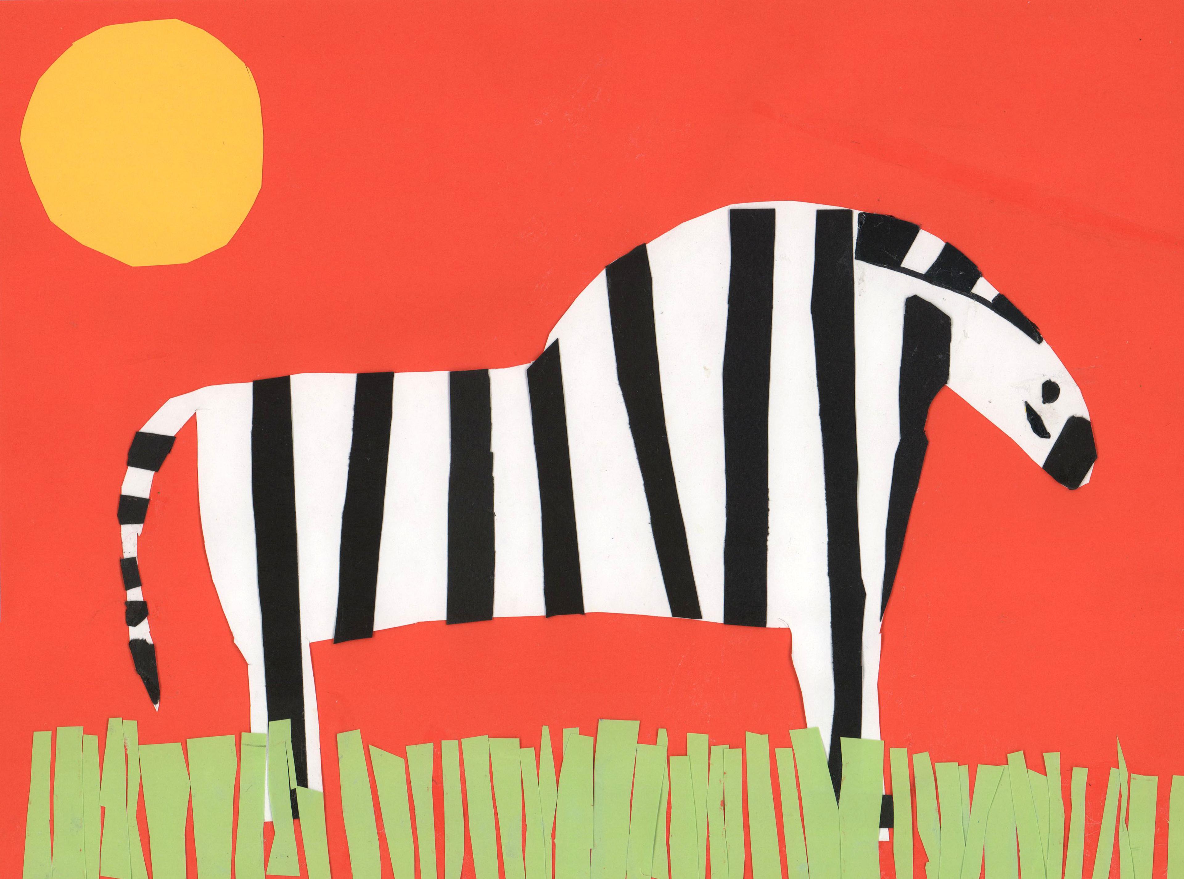 Collage illustration of a black-and-white striped zebra created with construction paper and glue. The zebra is facing right and standing in tall green grass in front of a red sky. A large yellow sun appears in the top left corner of the image.