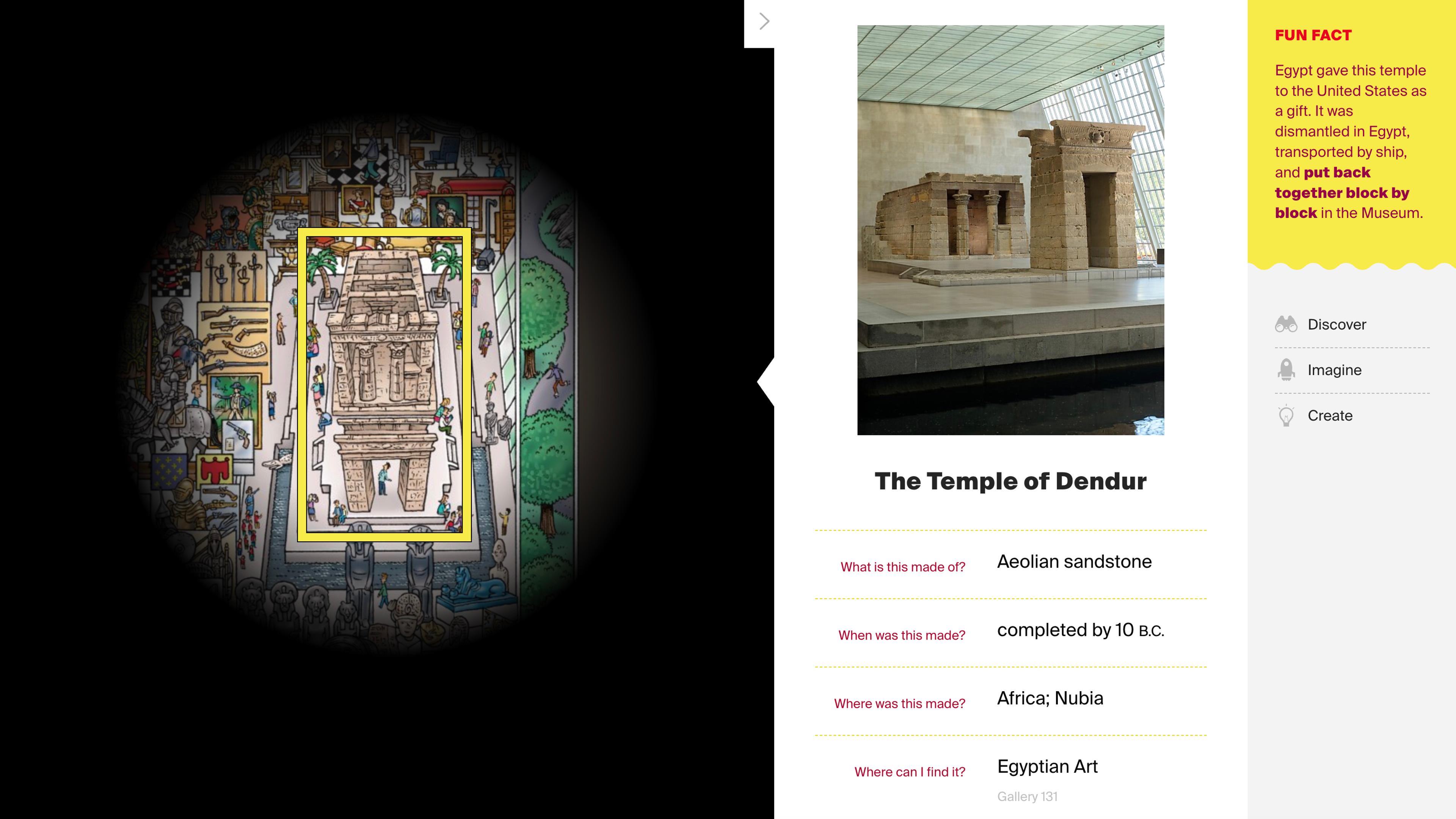 Whimsically illustrated map of The Metropolitan Museum of Art showing the Temple of Dendur