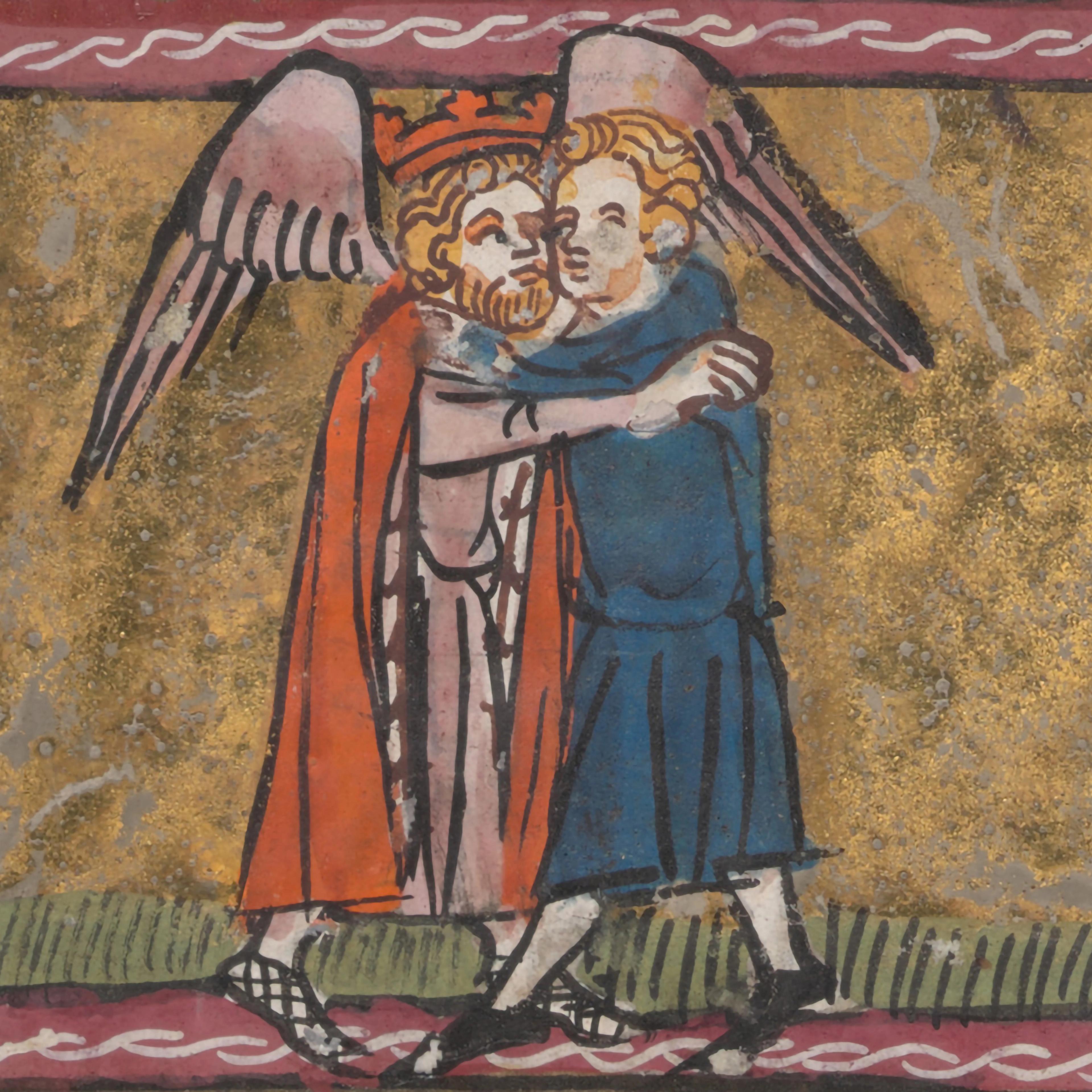 Gold-background scene showing two male figures, one with wings, in an embrace, framed by red and blue decorative borders.