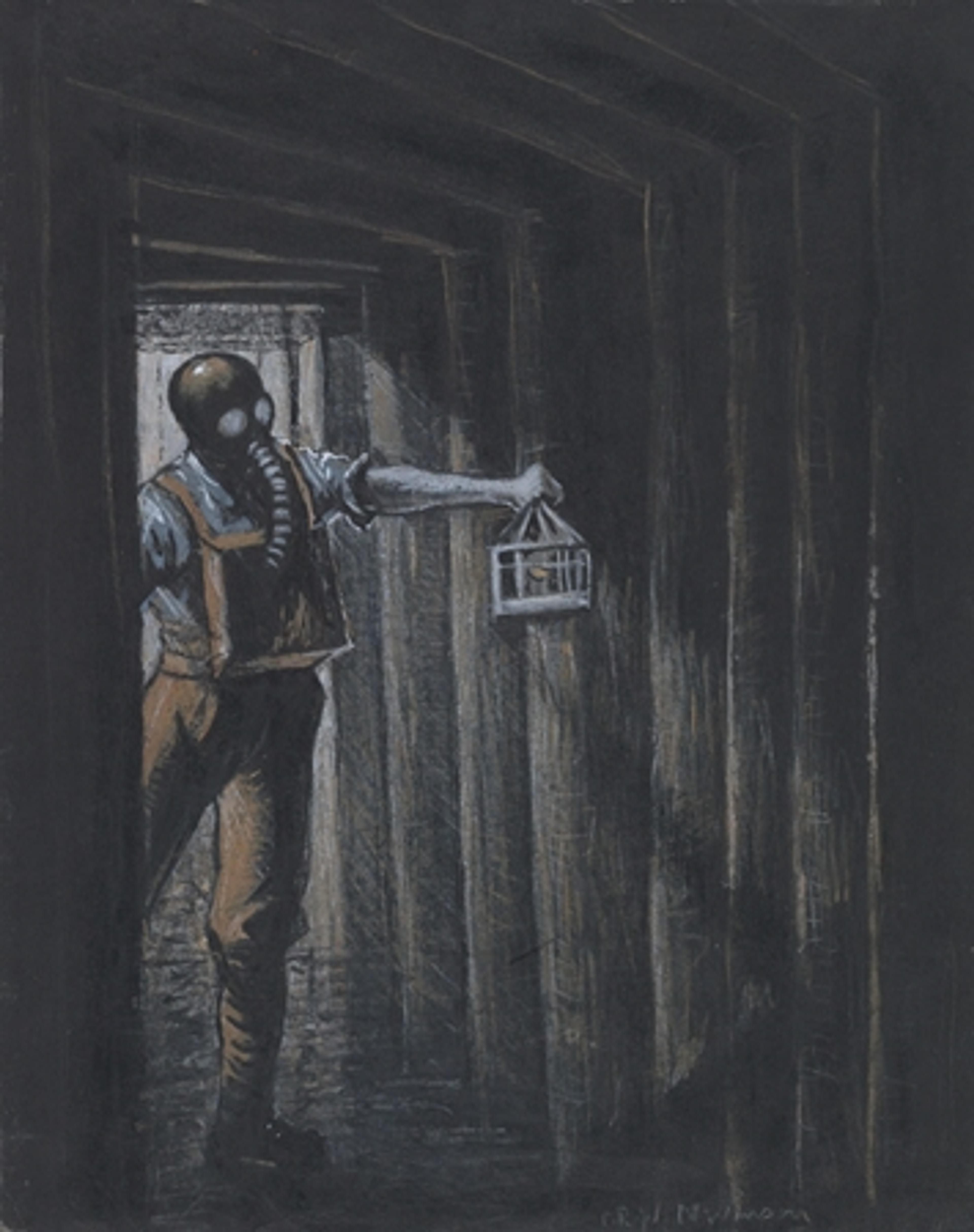Christopher Richard Wynne Nevinson | Tunnellers, 1916 | Ink, gouache, graphite, and crayon drawing of a soldier wearing a gas mask as he moves through a dark trench