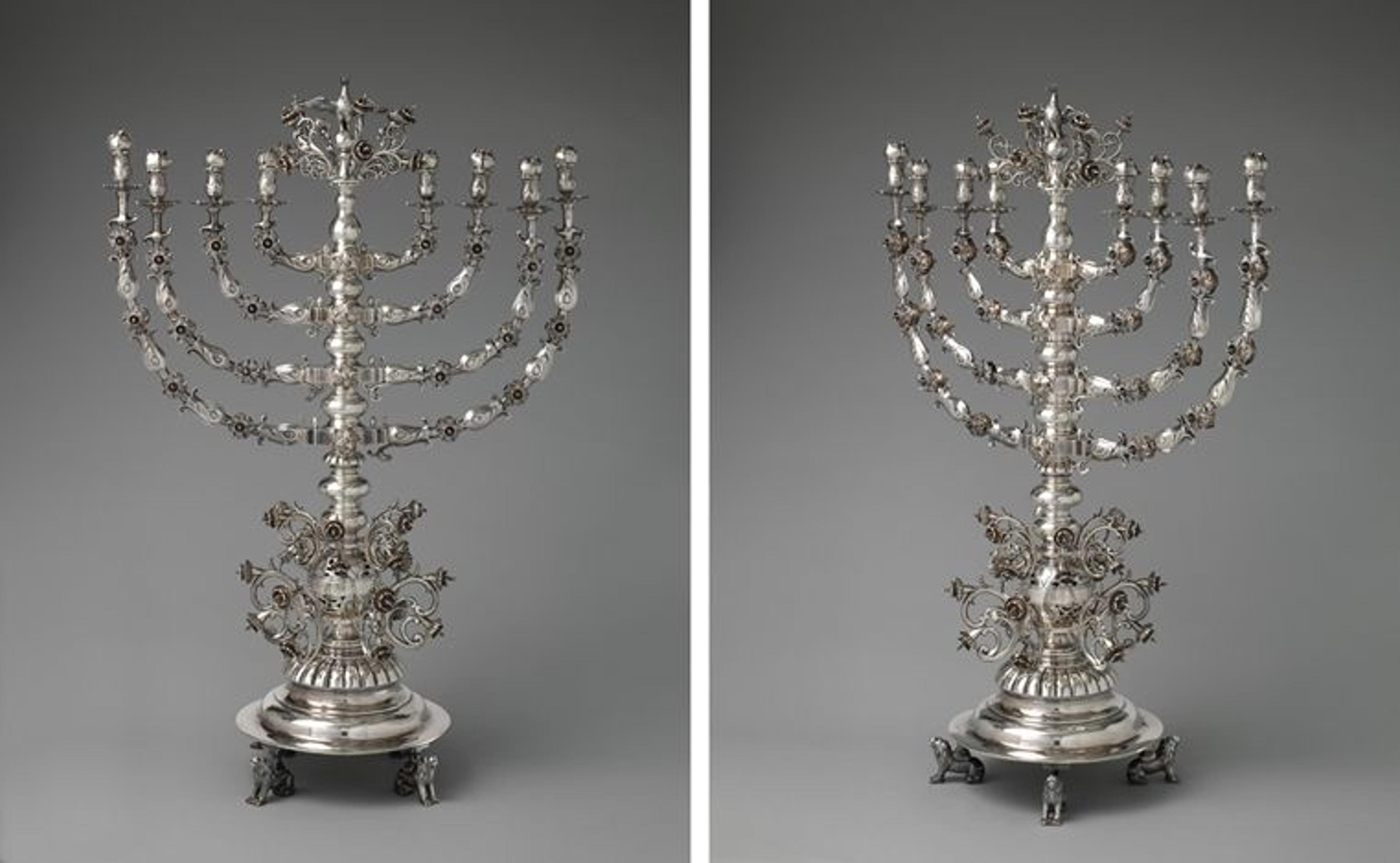 Two views of an elaborate 19th-century Polish menorah