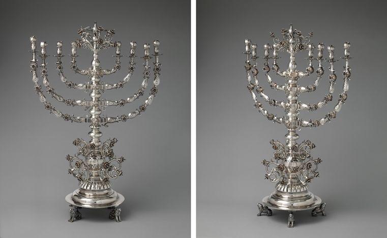 Two views of an elaborate 19th-century Polish menorah