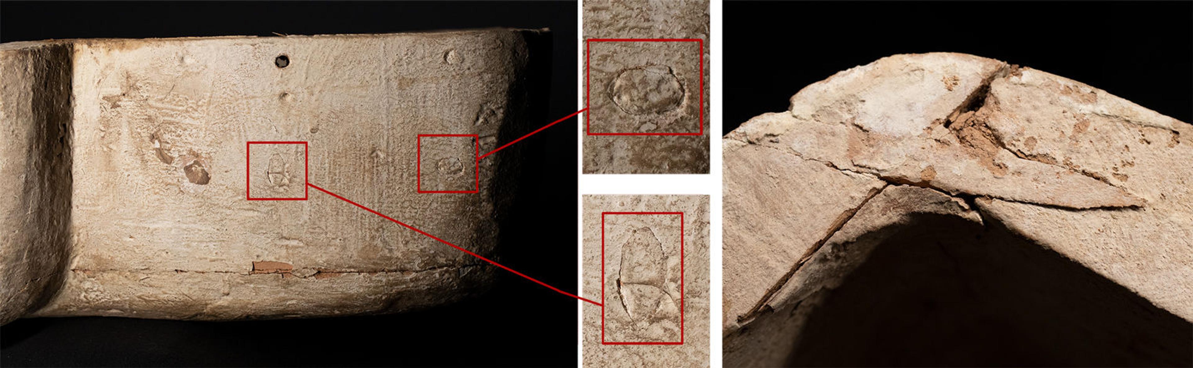 The head end of a human-shaped coffin, with holes that have been filled in marked with red rectangles on the right, closeups of the filled in areas in the center, and a corner on the right showing an oddly shaped piece of wood filling in a gap.