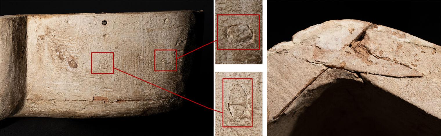 The head end of a human-shaped coffin, with holes that have been filled in marked with red rectangles on the right, closeups of the filled in areas in the center, and a corner on the right showing an oddly shaped piece of wood filling in a gap.