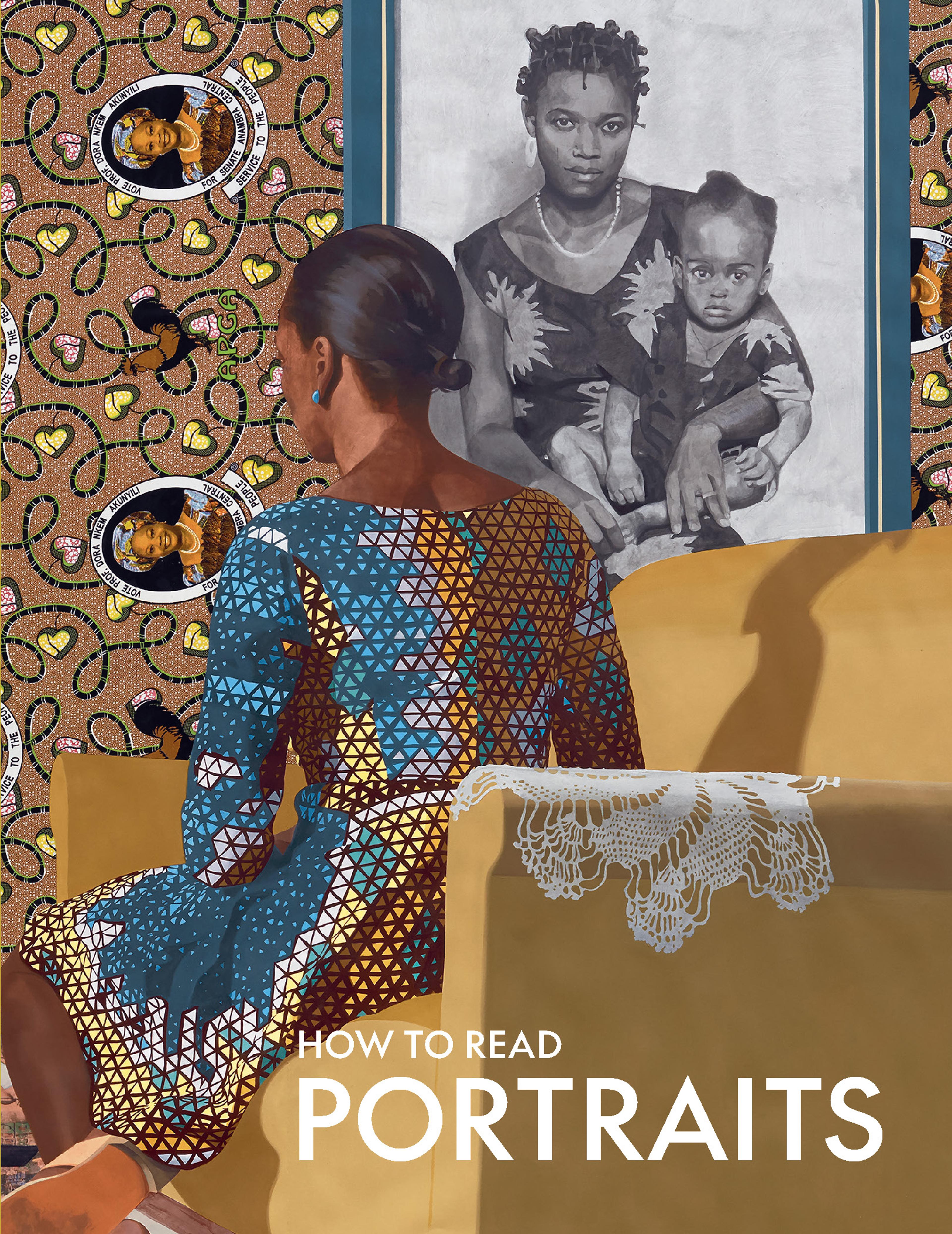 a woman with dark skin tone in a colorful dress sittong on a chair with her back to the viewer; a portrait with a woman and child with dark skin tone is on the wall to the sitter's right