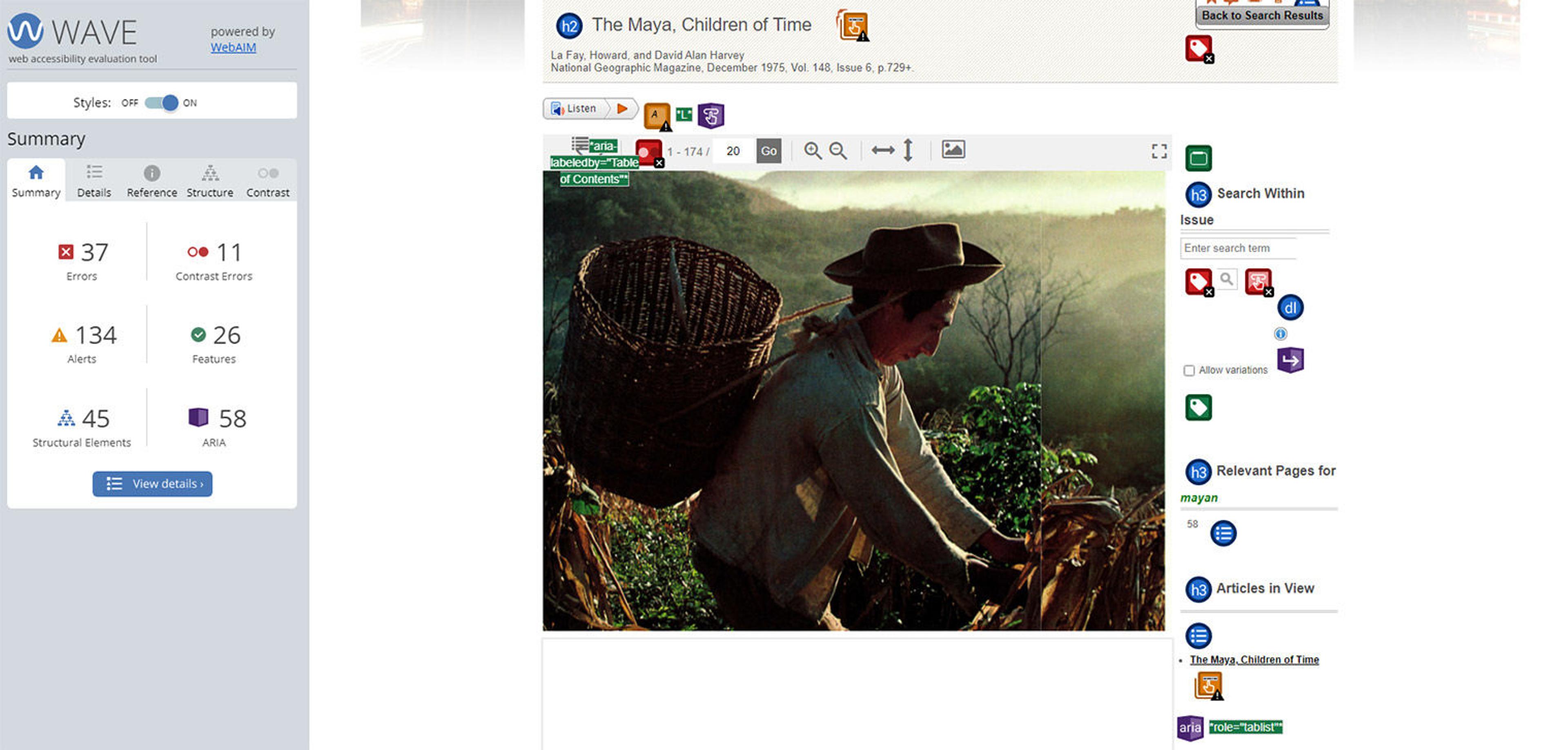 Screenshot of WAVE applied to a National Geographic Virtual Library display for “The Maya, Children of Time” from the December 1975 issue of National Geographic Magazine. It features a color photograph of a man doing agricultural labor in a tropical outdoor setting.