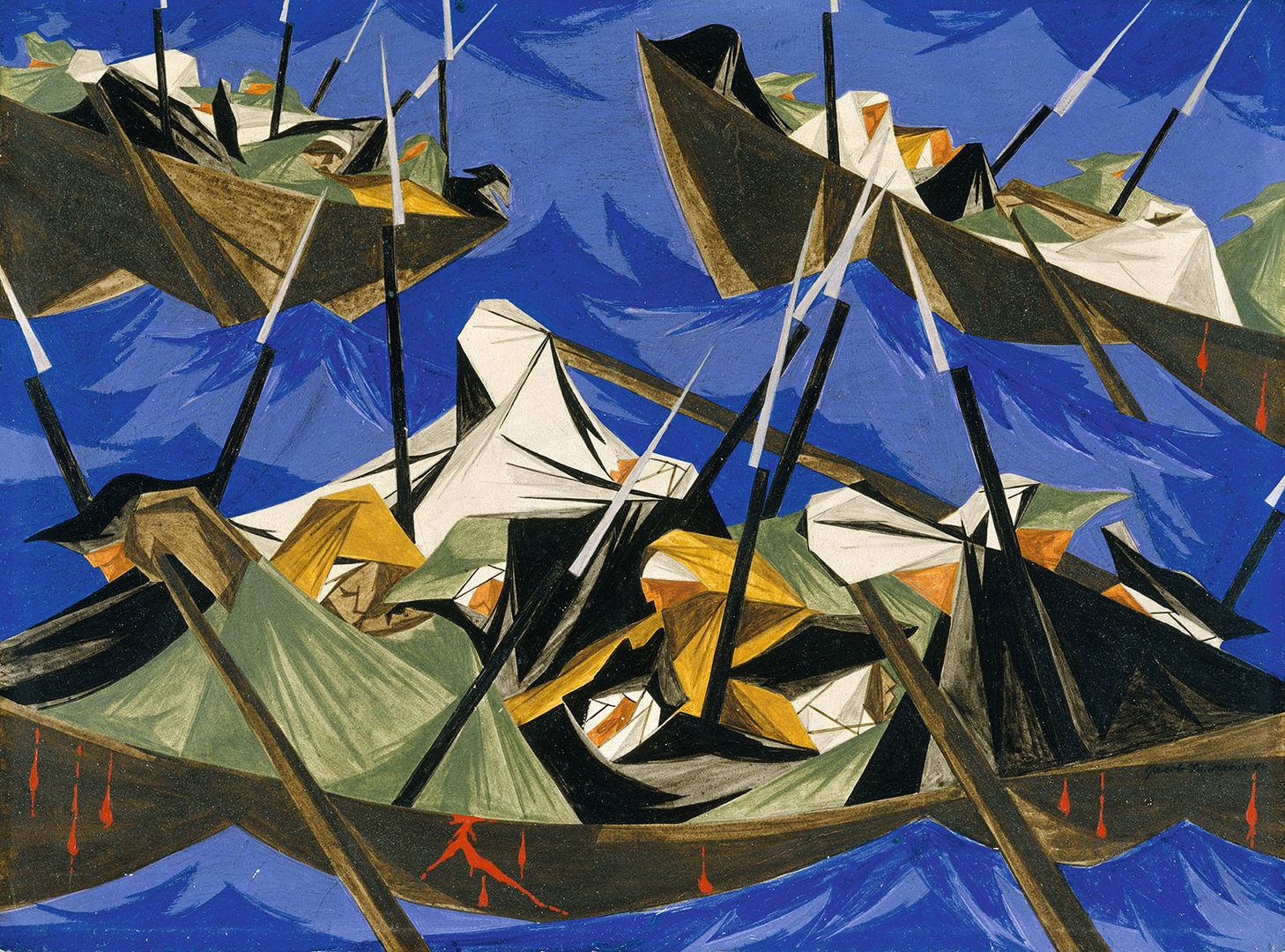 A painting of several boats fording a river