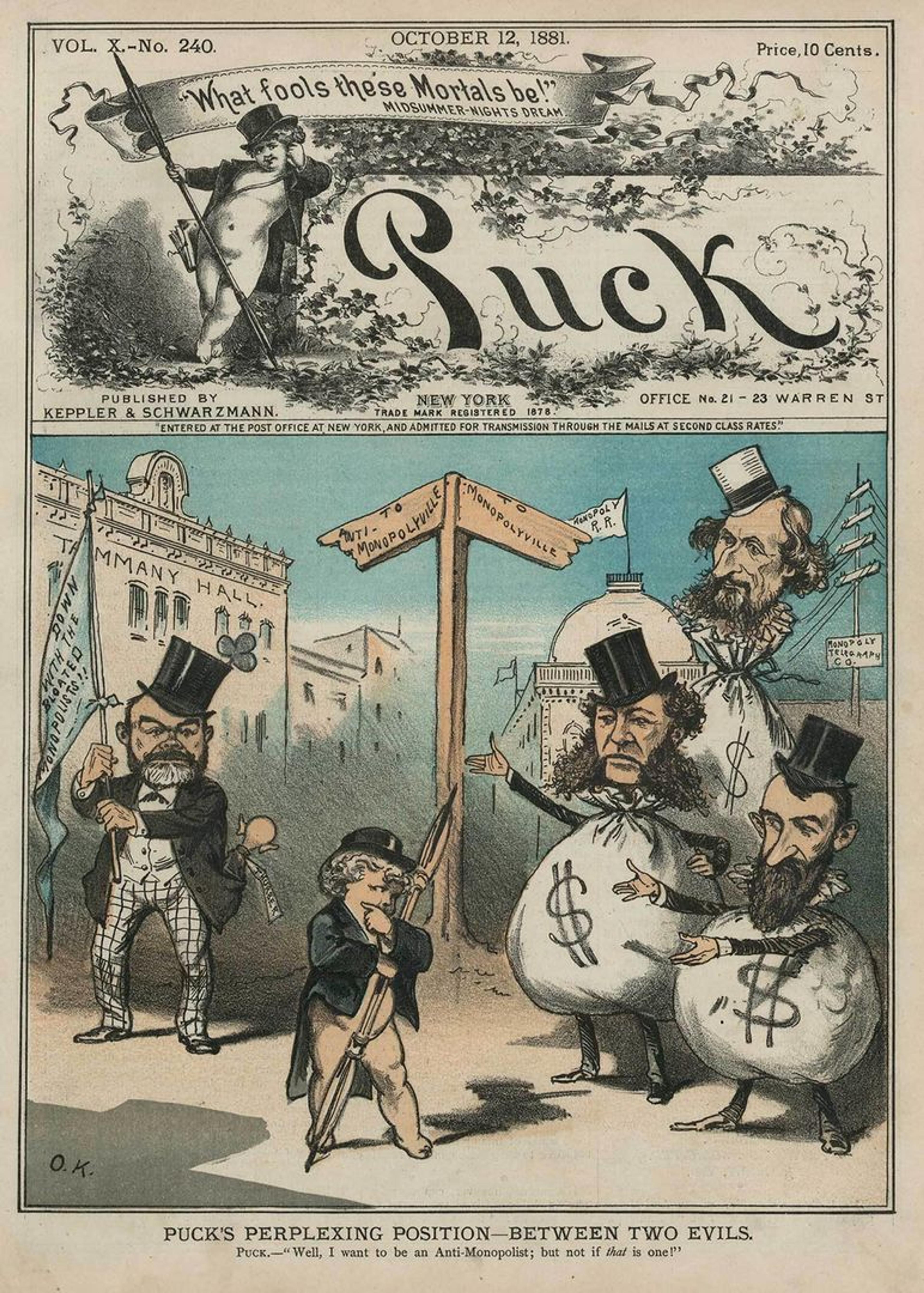 A drawn magazine cover depicting various tycoons holding sacks of money