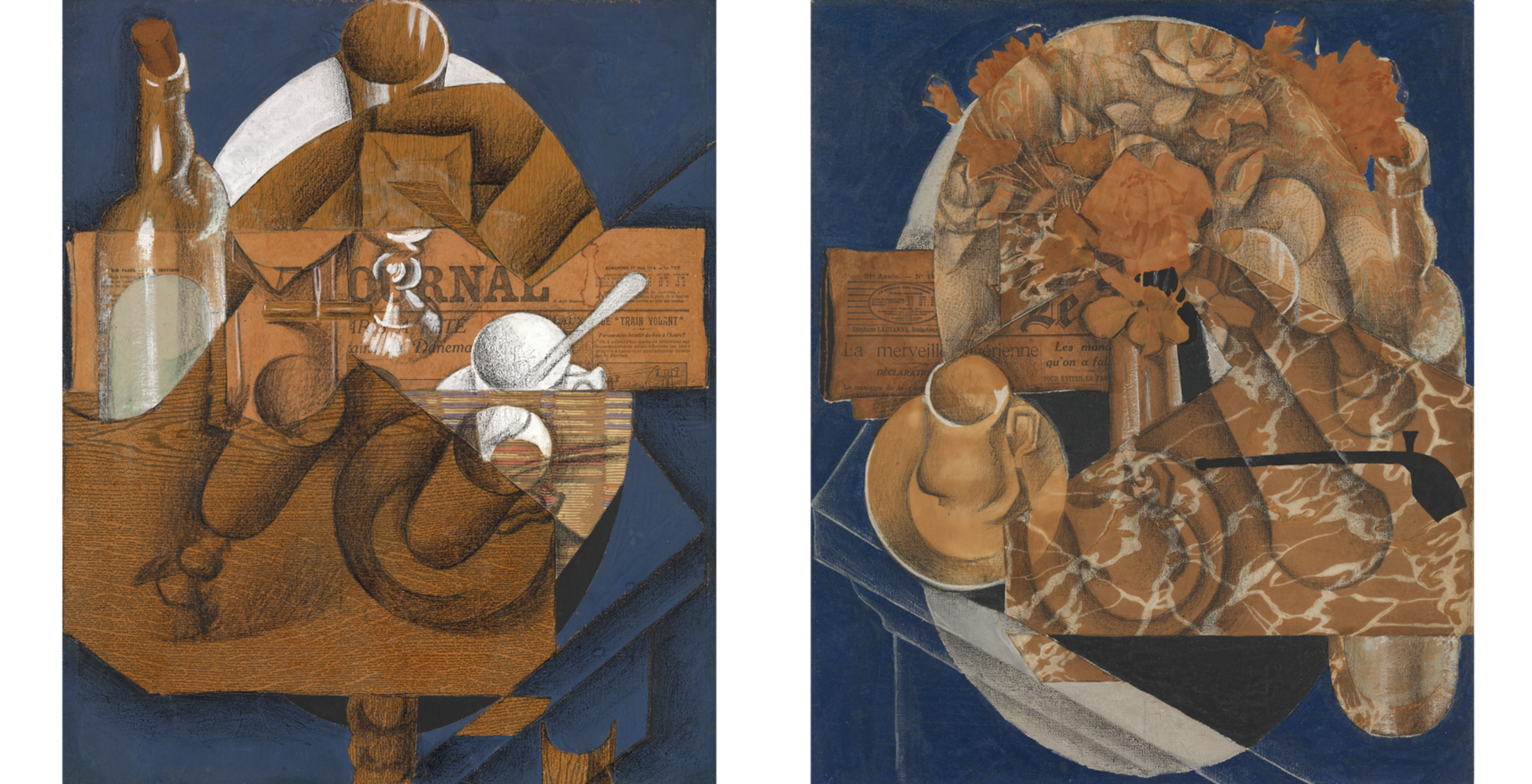 (Left) Painting on a midnight blue background with a striped napkin, stemmed glasses, a corked bottle, coffee cups, and a newspaper (right) Painting on a midnight blue background with a pipe, bouquet of flowers, wine, and faux marble wallpaper