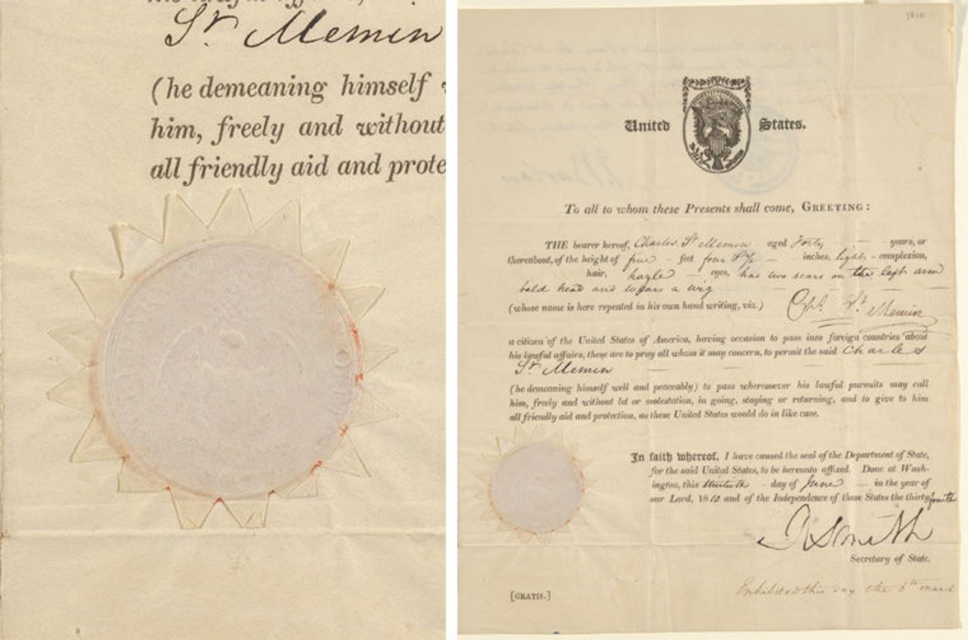 A composite image. On the left is a close up of a seal impression on white circular paper located on the left corner of a document. On the right is an image of the whole document.