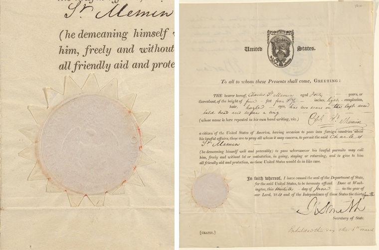 A composite image. On the left is a close up of a seal impression on white circular paper located on the left corner of a document. On the right is an image of the whole document.