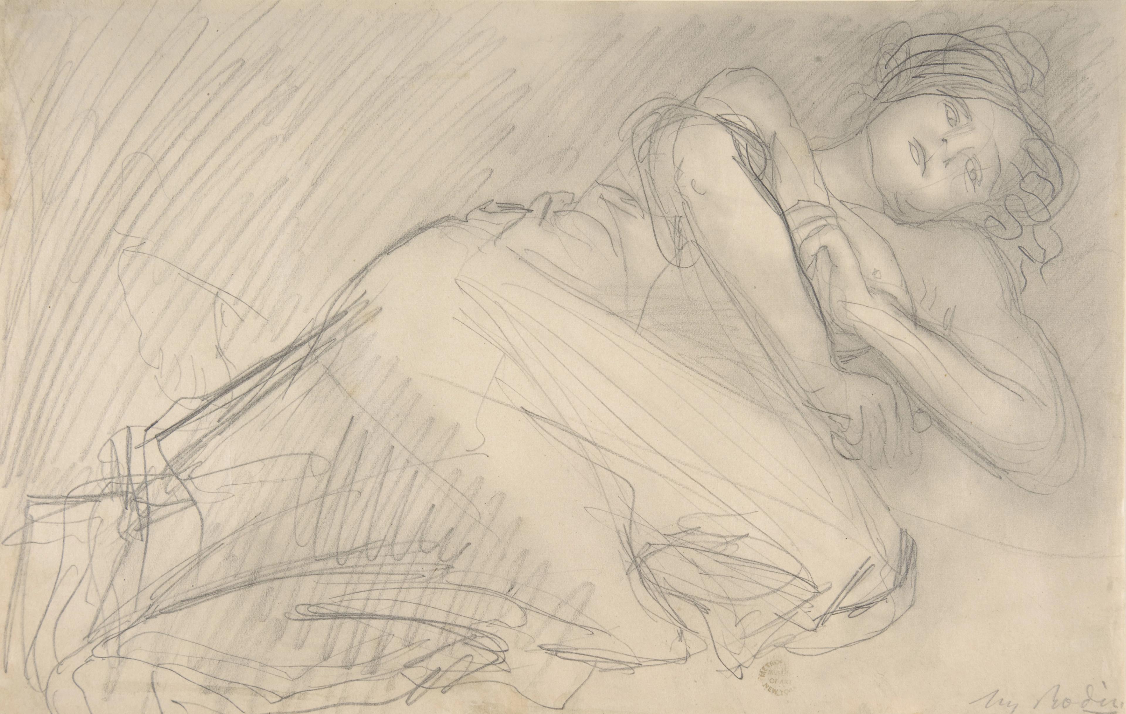 a pencil sketch of a woman reclining in a bed with a sheet pulled up to her shoulders.